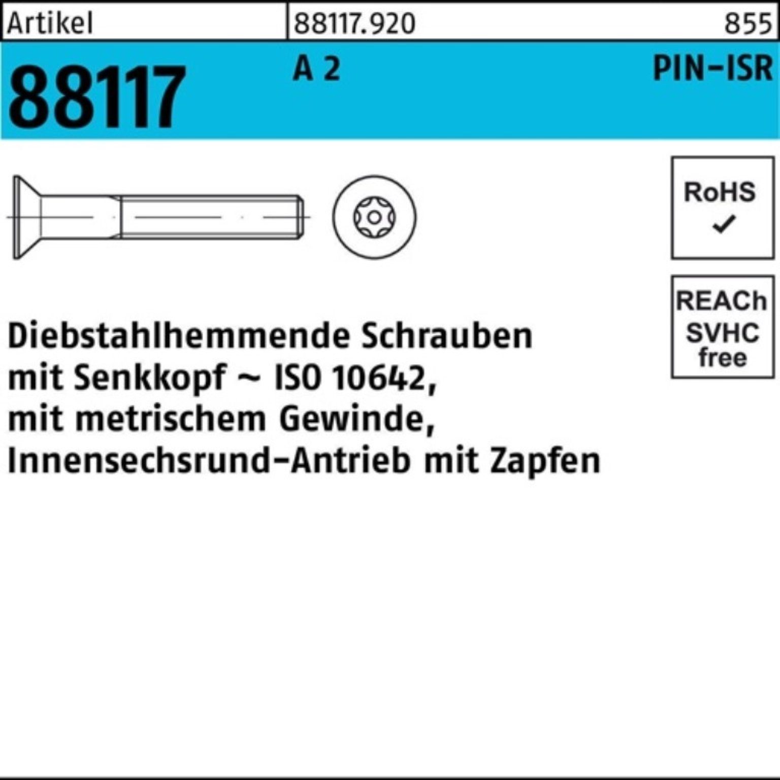Reyher Schraube 100er Pack Schraube A 2 12-T20 Seko Zapfen 88117 ISR R diebstahlh. M4x