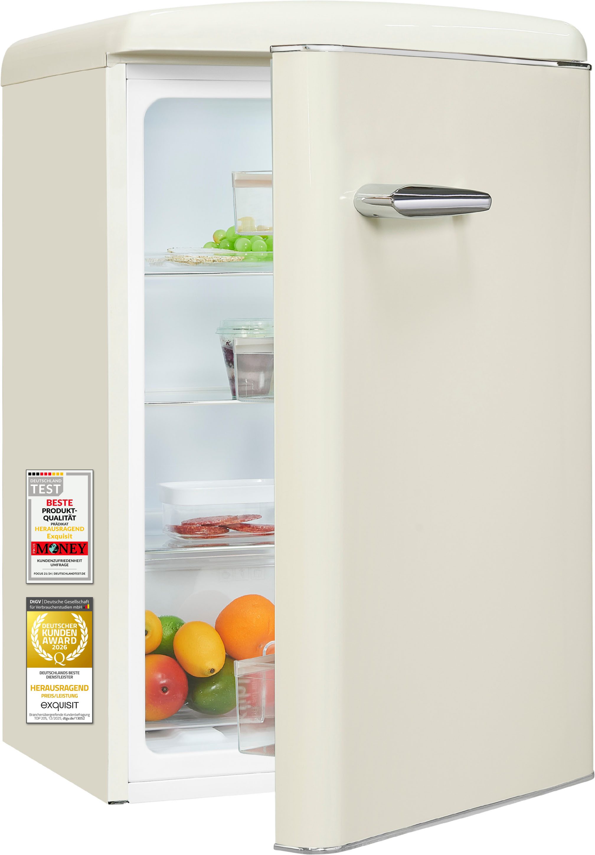 exquisit Kühlschrank RKS120-V-H-160C magnolienweiss, 89,5 cm hoch, 54,5 cm breit, LED-Beleuchtung, verstellbare Glasböden, Retro-Design