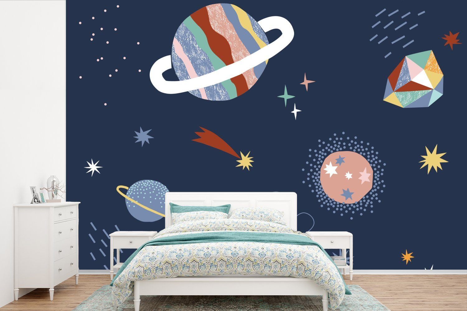 MuchoWow Fototapete Kinderzimmer - Weltraum - Planeten, Matt, bedruckt, (6 St), Wallpaper für Wohnzimmer, Schlafzimmer, Kinderzimmer, Vinyl Tapete | Fototapeten