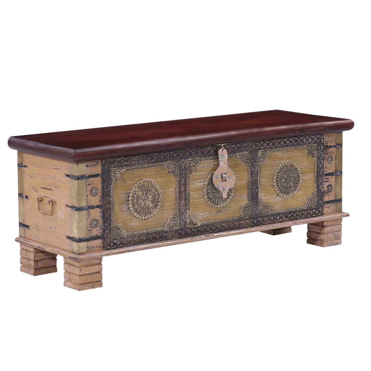 Marrakesch Orient & Mediterran Interior Betttruhe Truhe Cebrail Holz 116cm, Boho Orientalisch Vintage Handarbeit (1 St), Handarbeit