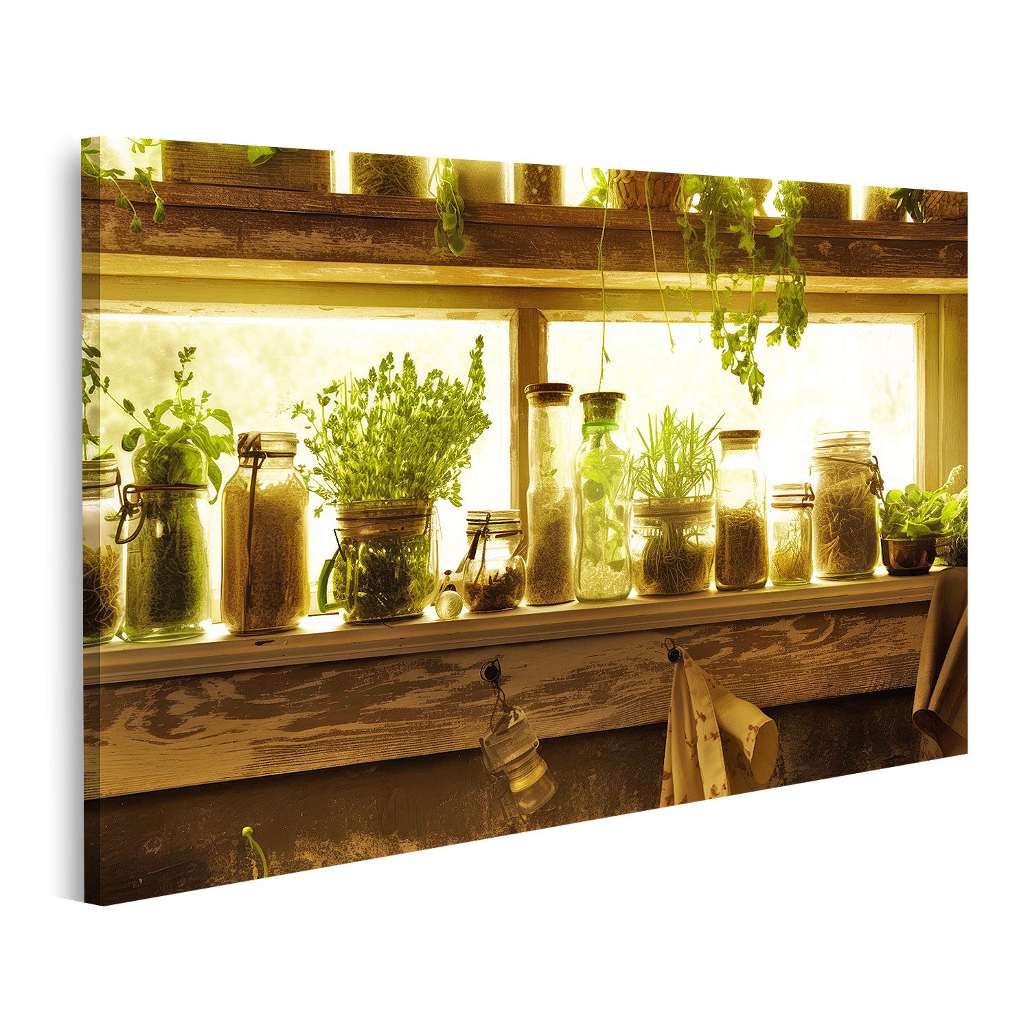 islandburner Leinwandbild, Küchenfenster mit Kräutern und Gewürzen in Gläsern