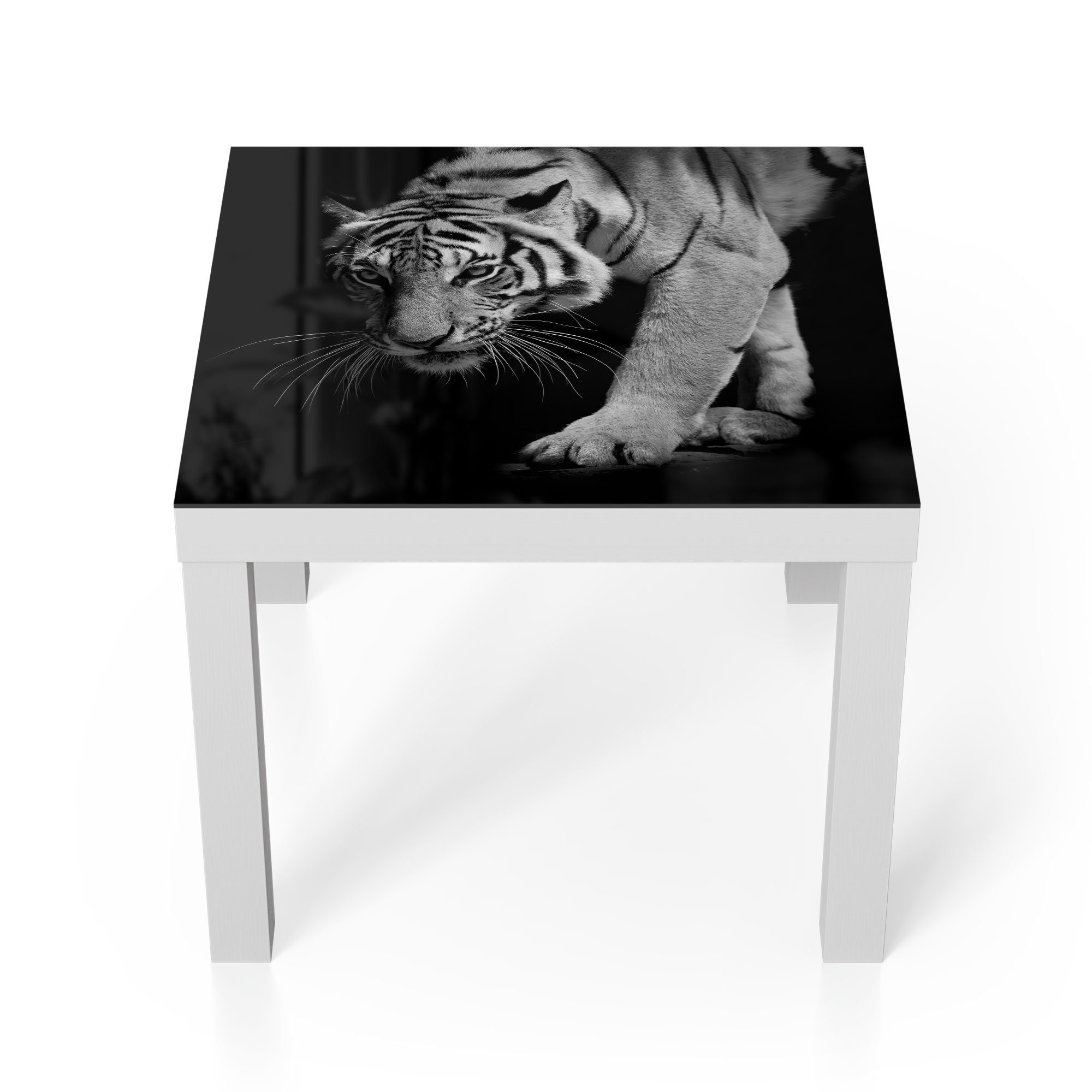 DEQORI Couchtisch 'Pirschender Tiger', Glas Beistelltisch Glastisch modern Weiß