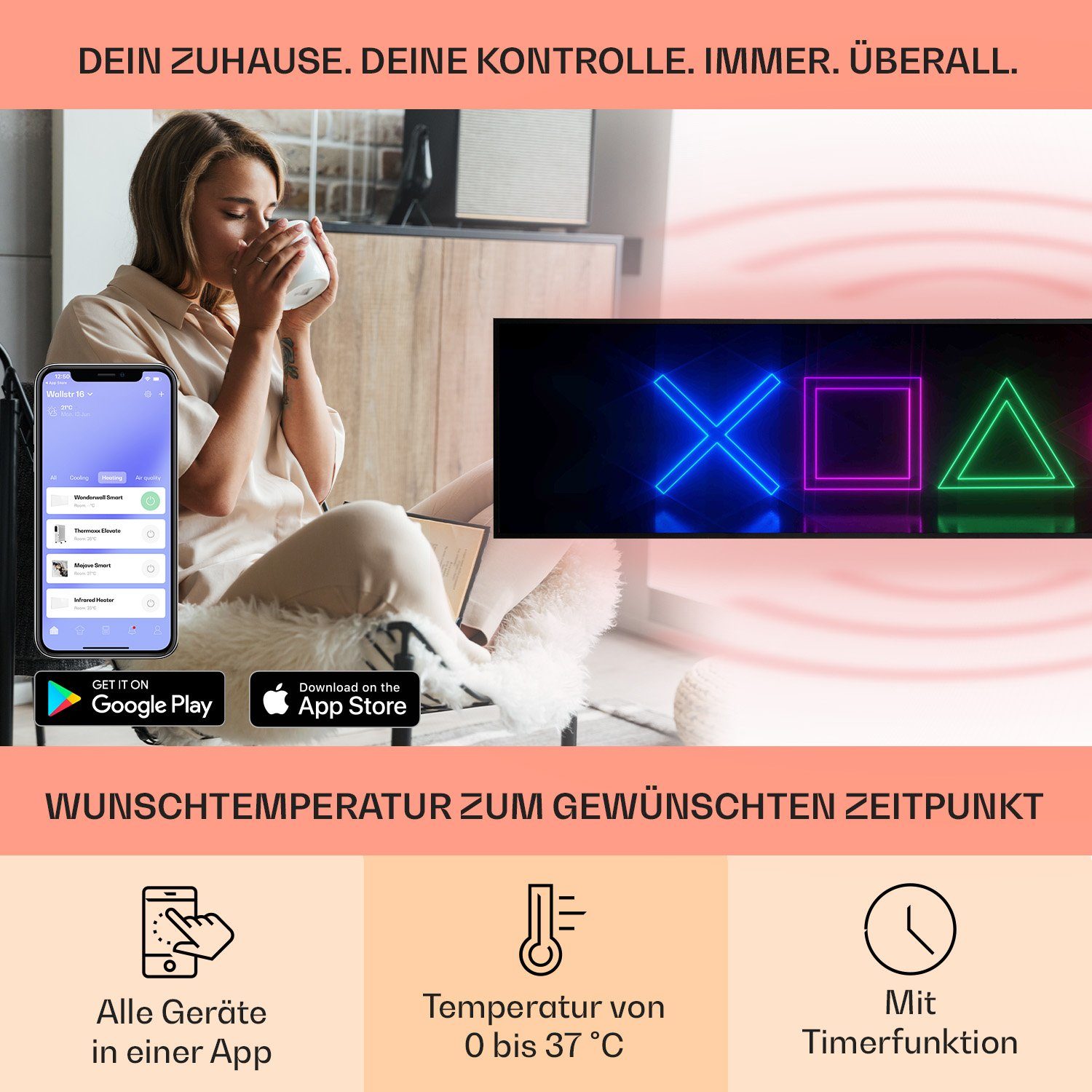 Klarstein Heizkörper Wonderwall Air Art Smart 350W, elektrische Infrarotheizung mit Thermostat Bild elektrische Heizung – Bild 4 von 5