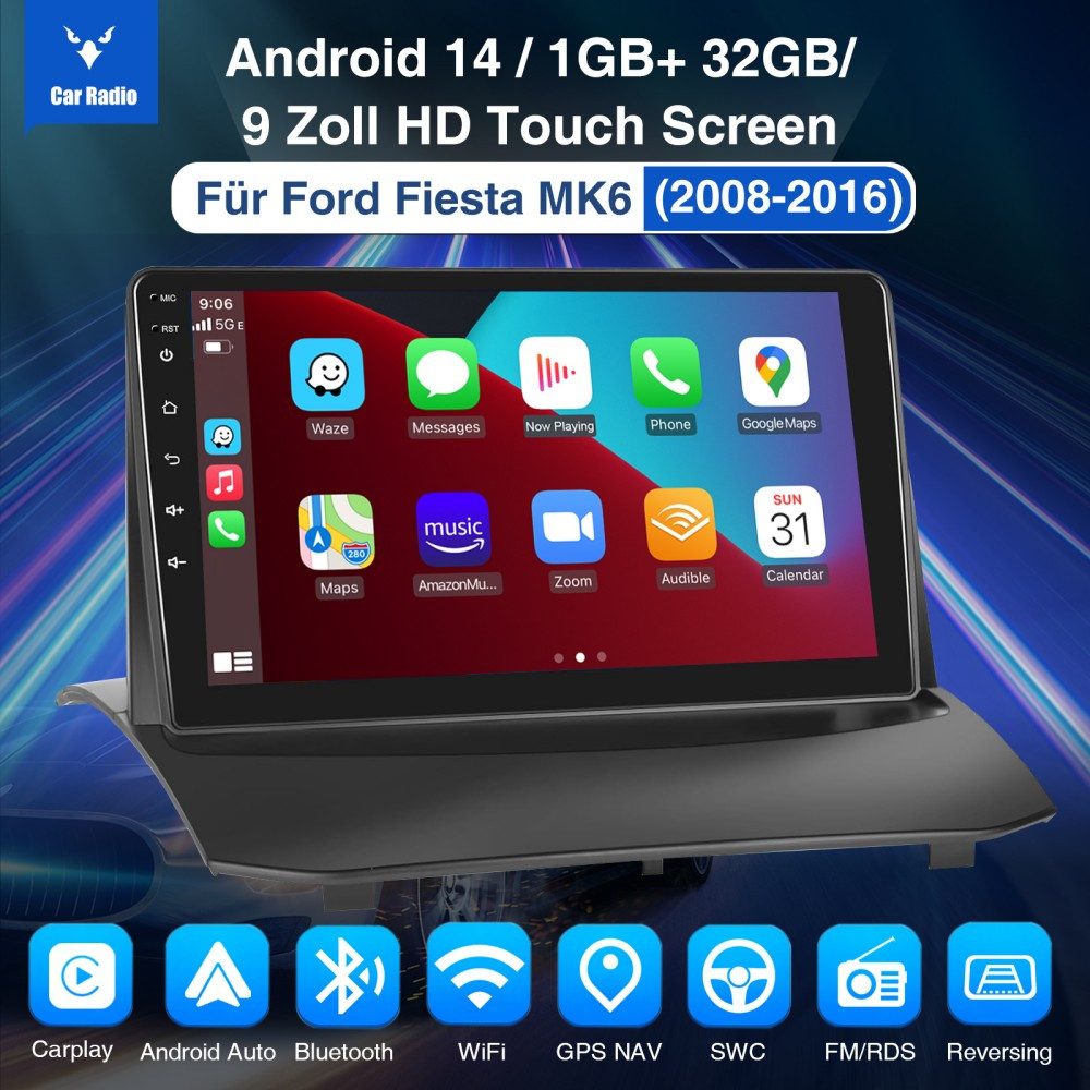 ESSGOO DAB+ Android 15 Autoradio GPS Navi WIFI Für Ford Fiesta MK6 2009-2017 Autoradio (DAB+ (optional), 4+64GB(optional), AM, FM, Apple Carplay & Android Auto,Bluetooth EQ USB Touchscreen SWC)