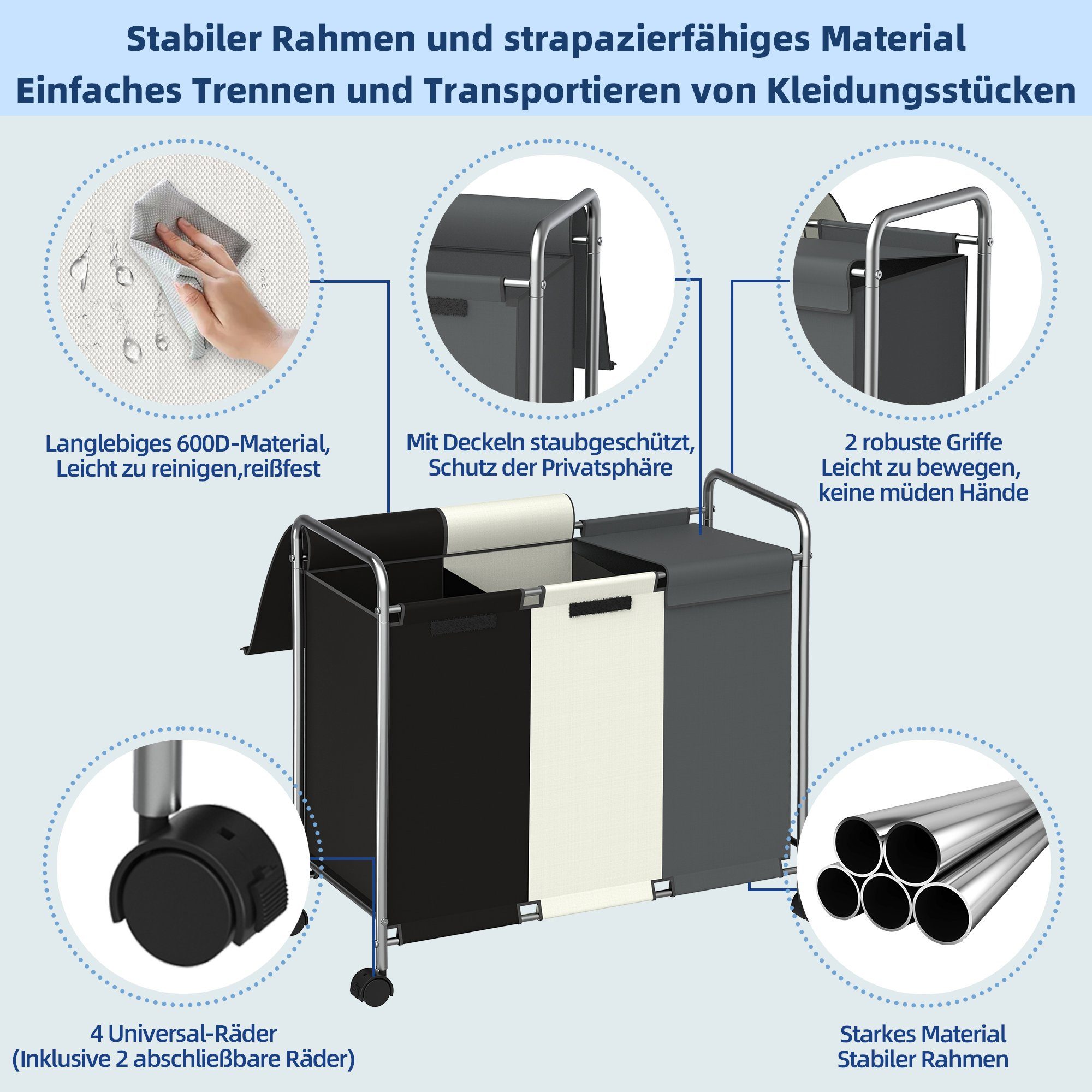 x 85 50L x 3 sortiersystem 600D x Robust, Eimer NEFOSO Deckel, mit wäsche Fächern, 39 mit Schmutzwäschekorb, Wäschesortierer Haushalt, Oxford-Gewebe, 3 cm 76 Rollen,