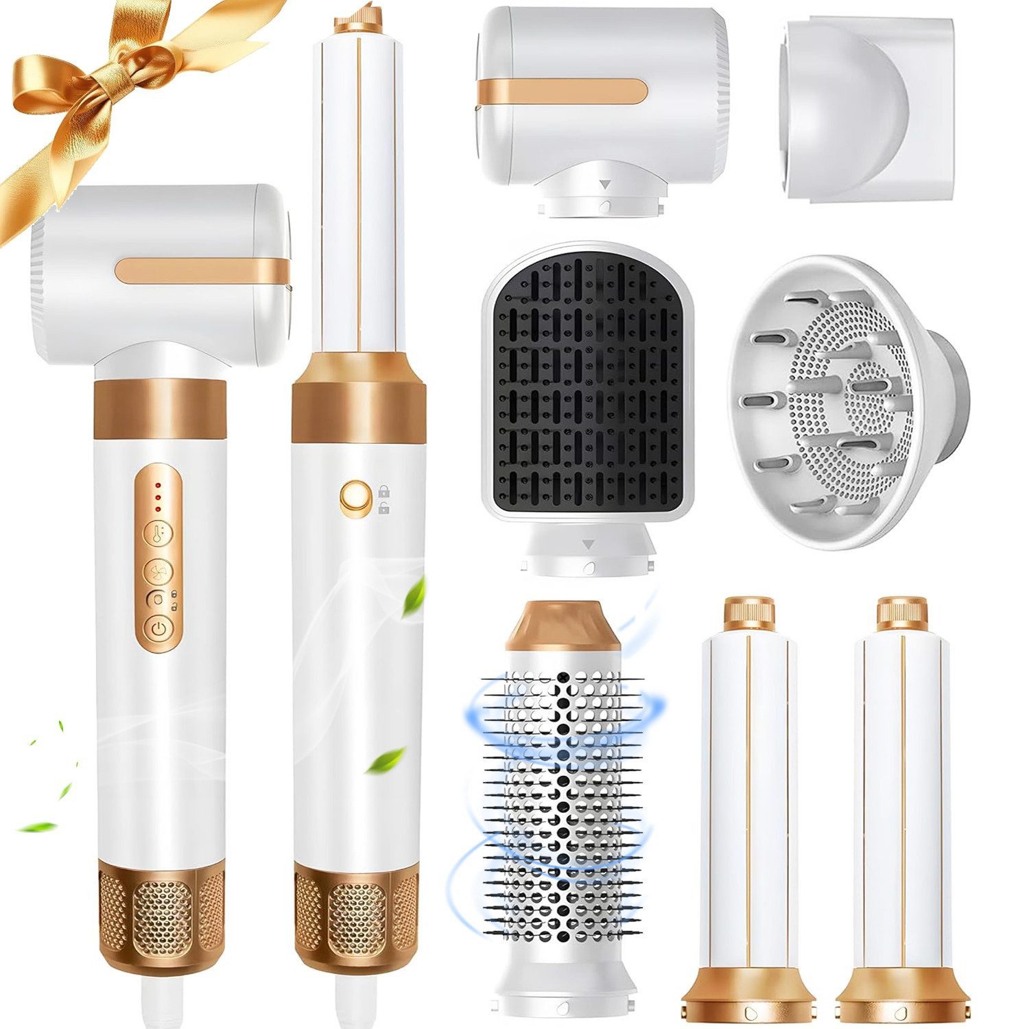 MOPUEA Lockenstab 7 IN 1 Lockenstab mit Haarfön Tragbarer Reisefön für Zuhause, Reise, 1400 W, 7 Aufsätze, Ionentechnik, 3 Temperaturen, 3 Stufen