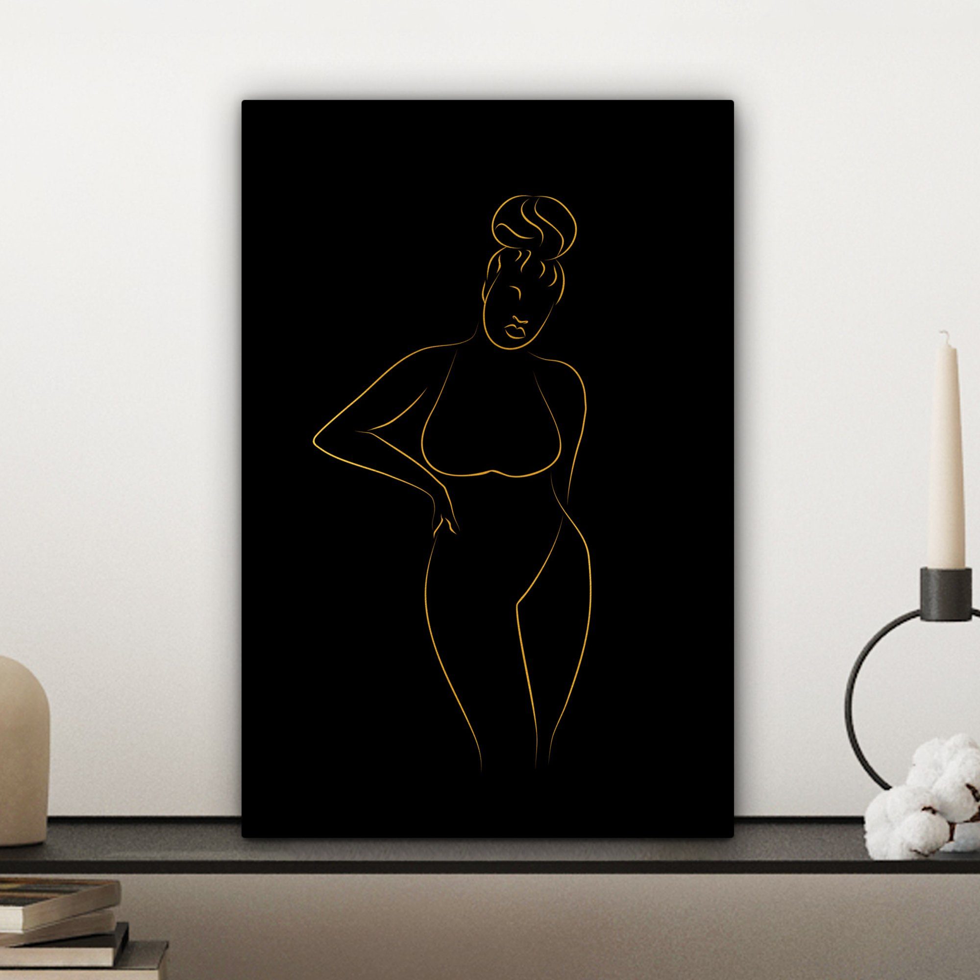 OneMillionCanvasses® Leinwandbild Frau - Schwarz Gold Leinwandbild St), inkl. Zackenaufhänger, (1 fertig 20x30 cm Strichzeichnung, - Gemälde, bespannt 