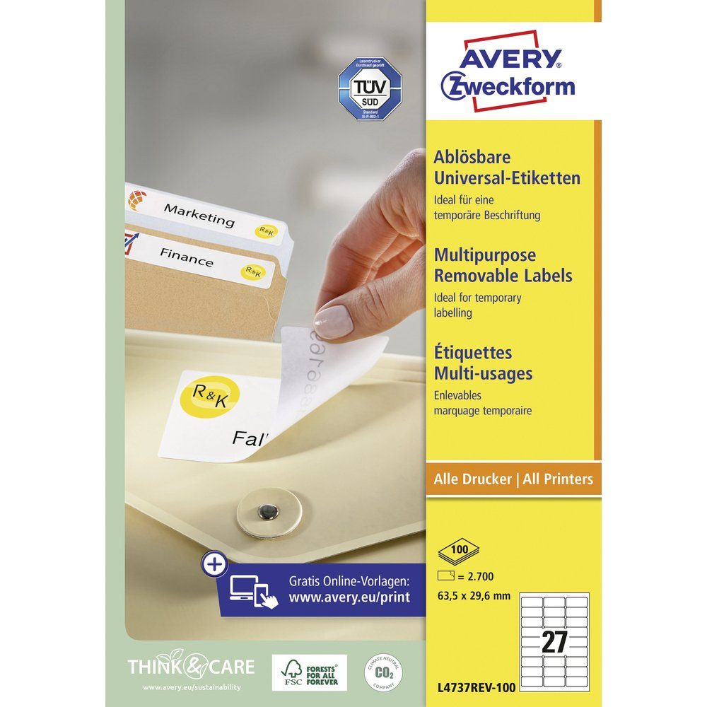 2700 Etikett L4737REV-100 63.5 29.6 mm Papier x Etiketten Avery-Zweckform Avery Weiß Zweckform