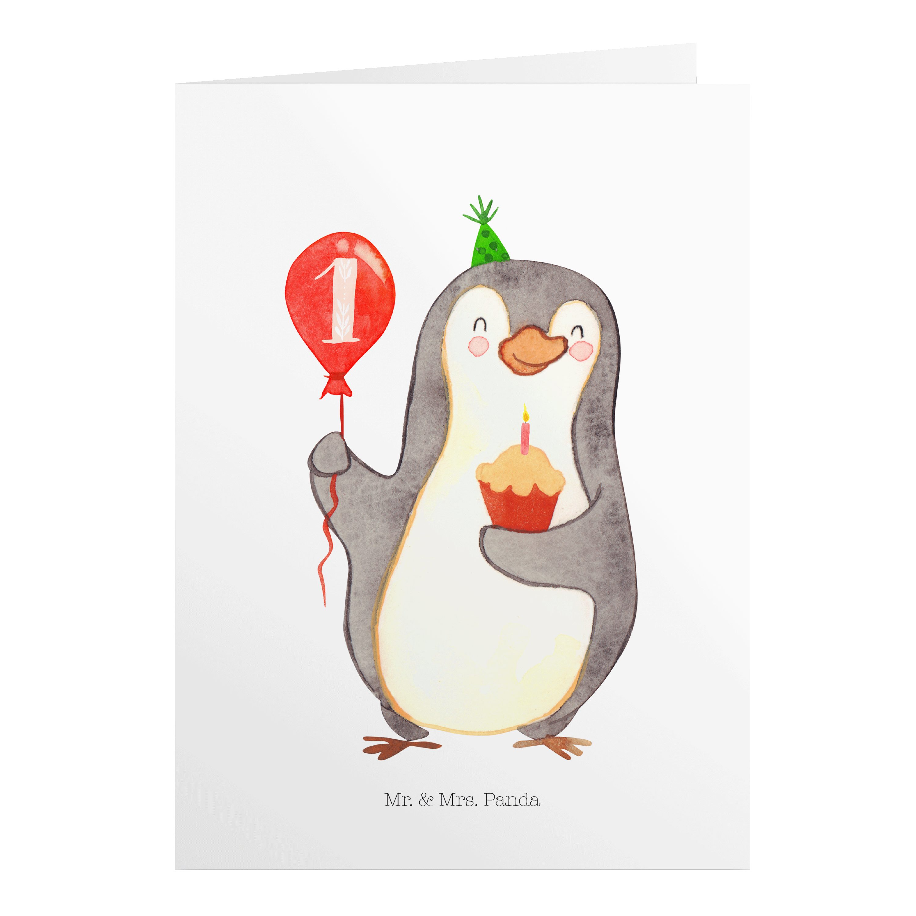 Mr. & Mrs. Panda Geburtstagskarten 1. Geburtstag Pinguin Luftballon - Weiß - Geschenk, Geburtstagskarte | Papier