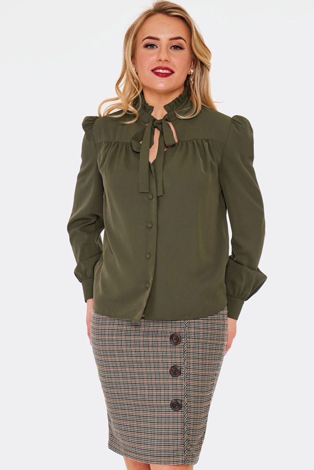 Voodoo Vixen Blusenshirt Green Tie 50er Retro Schluppenbluse Puffärmel Green Tie 50er Retro Schluppenbluse Puffärmel – Bild 5 von 5
