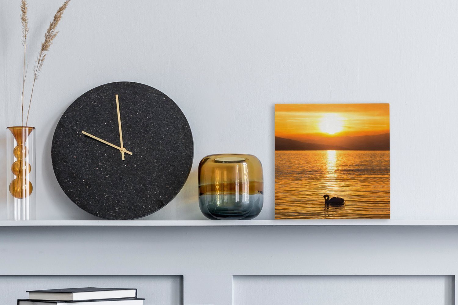 Leinwandbild Gold, Bilder (1 St), Schlafzimmer OneMillionCanvasses® Schwan für Wohnzimmer - Leinwand Sonnenuntergang -