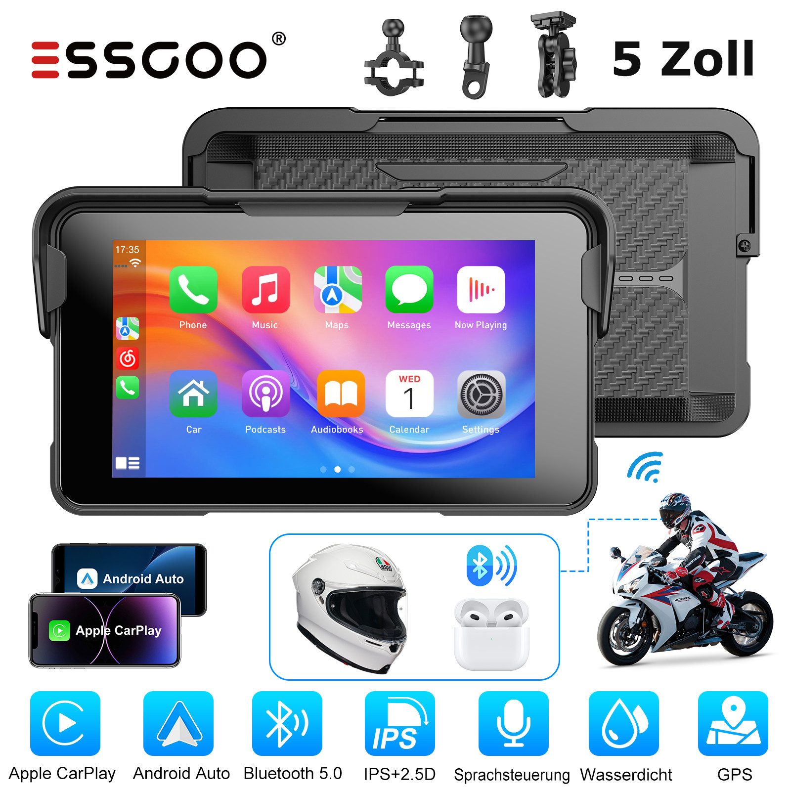 ESSGOO 5'' Wasserdicht Motorrad CarPlay Navi TouchScreen GPS Navigator Navigationsgerät (Bluetooth)