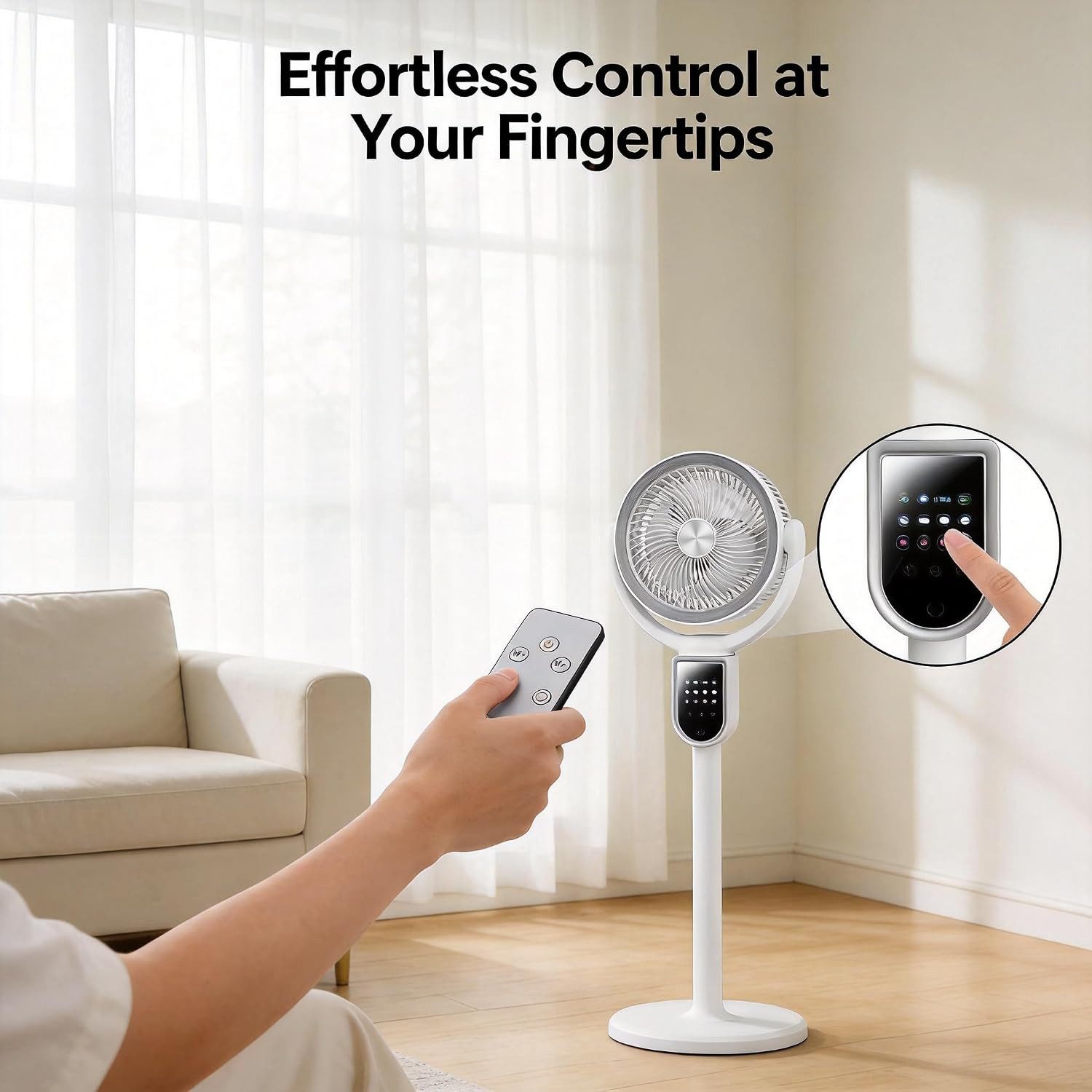 MOPUEA Standventilator Turmventilator LED Display 4 Windstufen Mini Ventilator 3D-Oszillation, Timer und Fernbedienung USB Tischventilator Leiser Umluftventilator