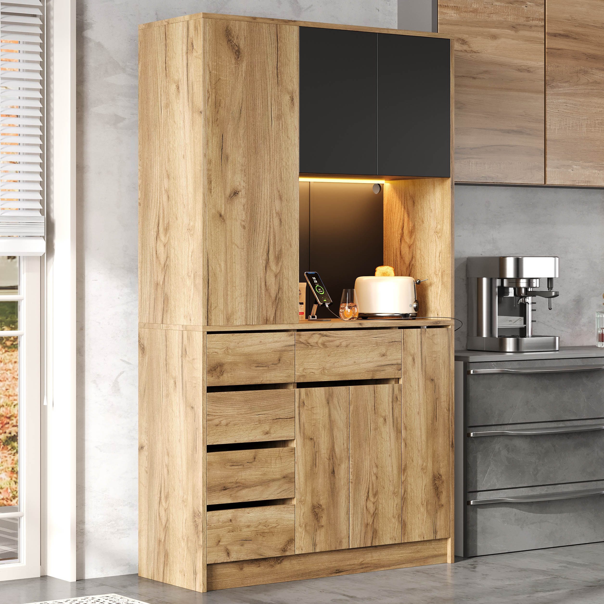 Flieks Küchenbuffet mit Steckdose, LED-Beleuchtung, Schubladen und Türen in günstig online kaufen