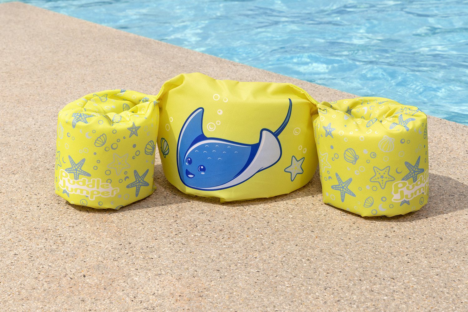 Bestway Schwimmweste Puddle Jumper Kleiner Rochen, Rückenseite mit verstellbarem Gurt und Clipverschlüssen