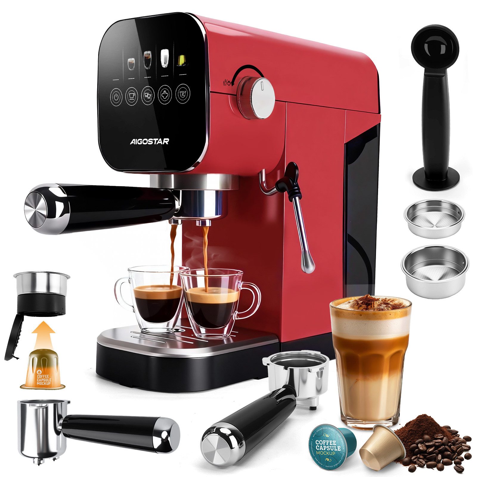 Aigostar Espressomaschine, Edelstahl, 20 Bar, Digitales Touchpanel, 1/2 Tassen, 0,9L, 1350 W, Edelstahl