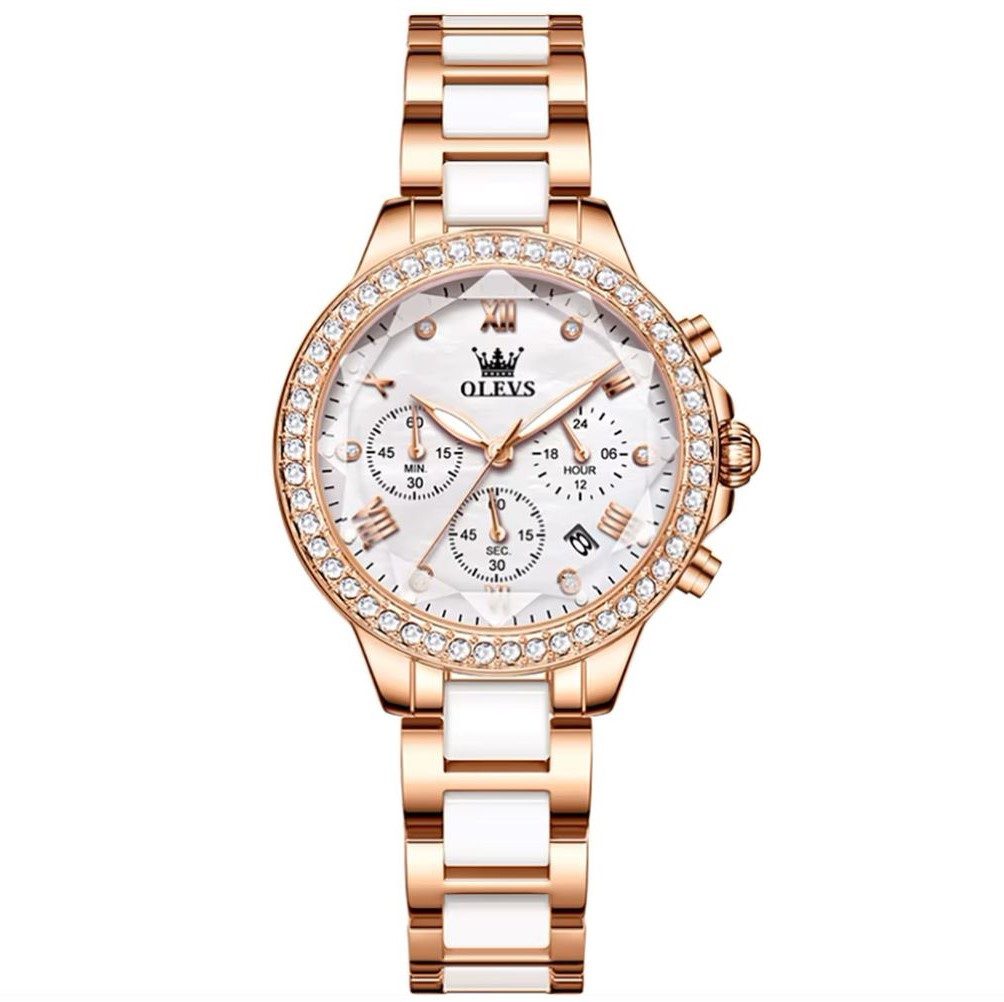 Tidy Quarzuhr Geschenkset Damenuhr Keramik Roségold Weiß Luxus Chronograph günstig online kaufen