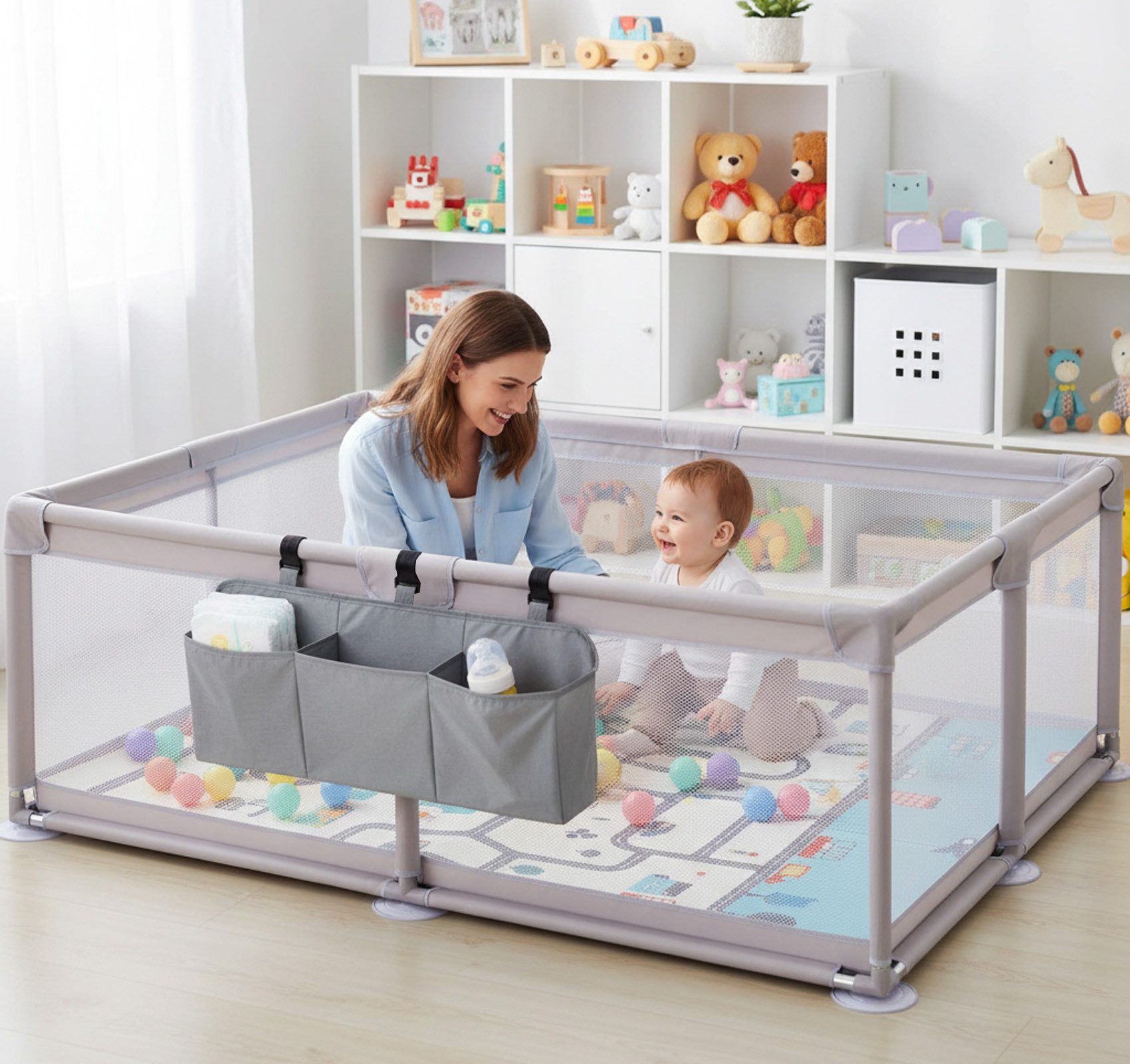 ElitVita Laufgitter Laufstall Baby mit matratze, 600D Oxford Stoff,mit Aufbewahrungstasche, Laufstall 120x180cm mit Ozeanbälle,Tragetasche,Atmungsaktivem Net