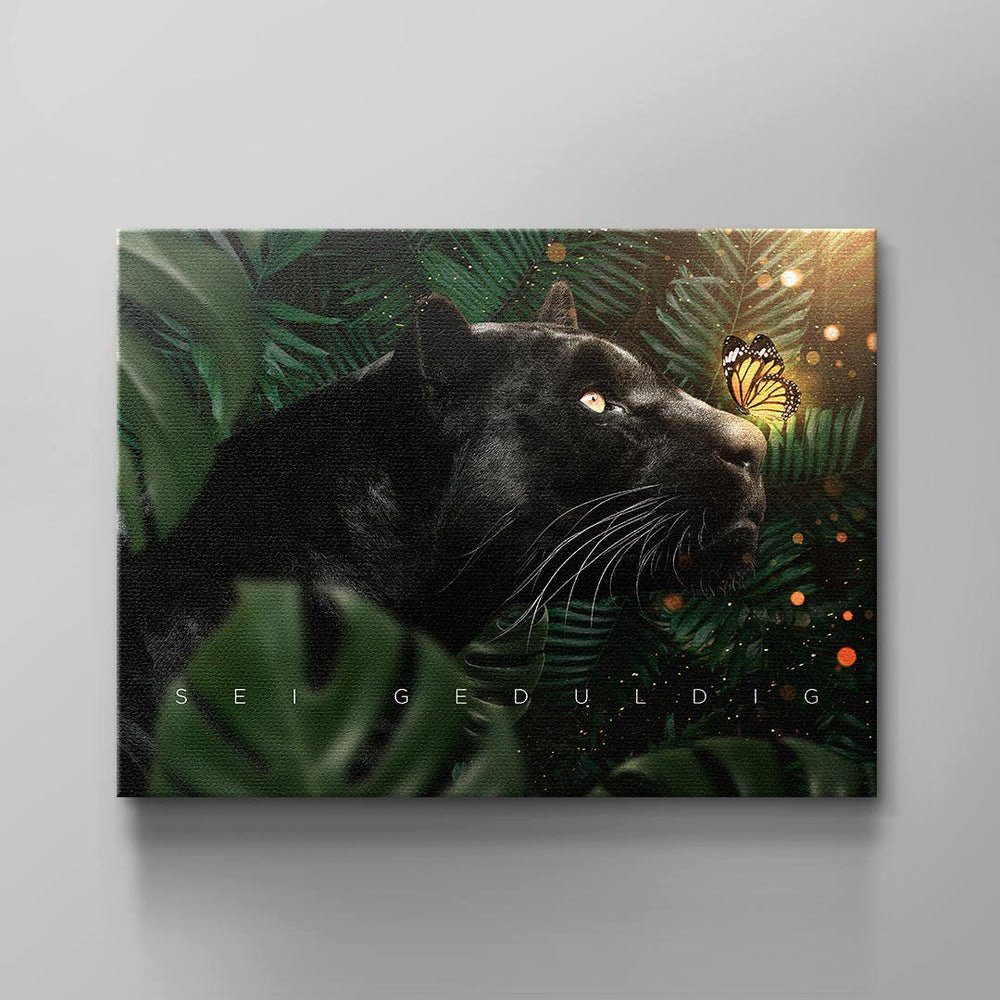 DOTCOMCANVAS® Leinwandbild BE CURIOUS, Deutsch, Wandbild Motivation Tier schwarzer Panther Schmetterling Dschungel g ohne Rahmen