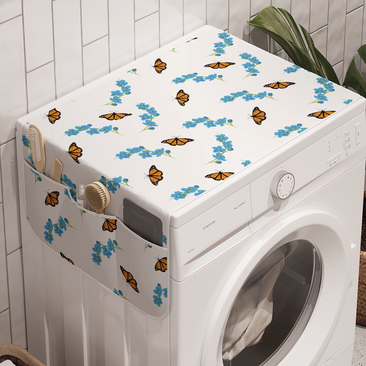 Abakuhaus Badorganizer Anti-Rutsch-Stoffabdeckung für Waschmaschine und Trockner, Blumen Insekten Blüten Schmetterlinge