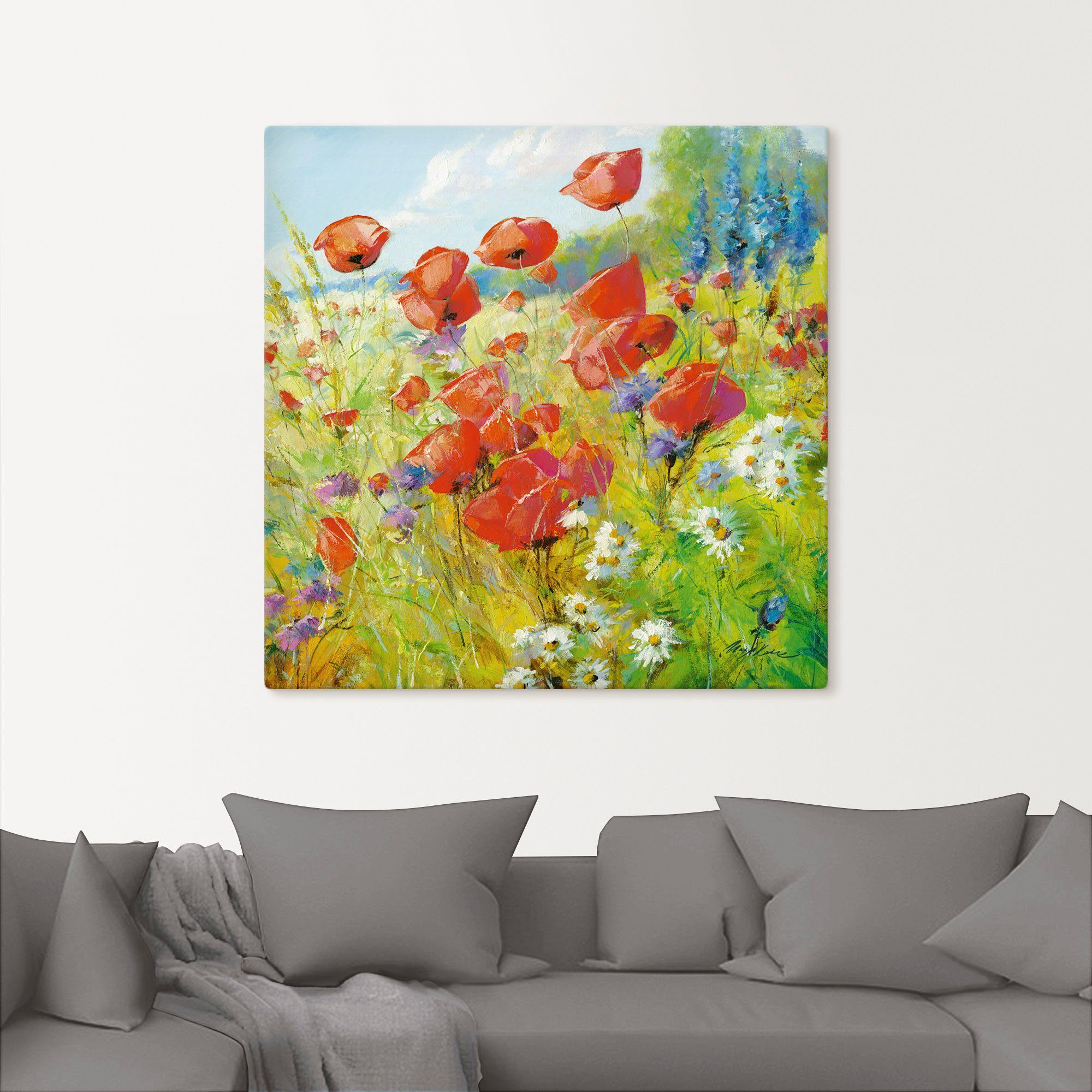 Artland Leinwandbild Sommerwiese mit Mohnblumen, Blumenwiese (1 St), auf Holzrahmen gespannt