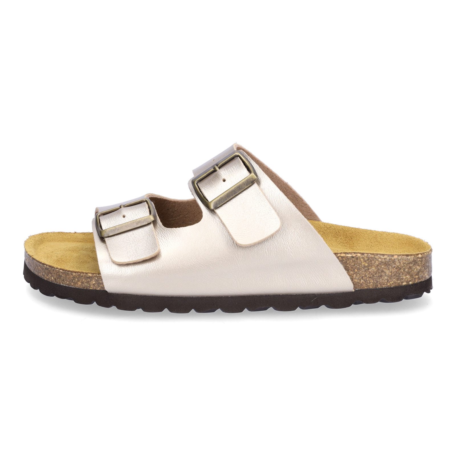 MIDS MOMO Damen Pantolette gold, Zweiriemer mit ergonomischem Fußbett, Korkumrandung und Schnalle