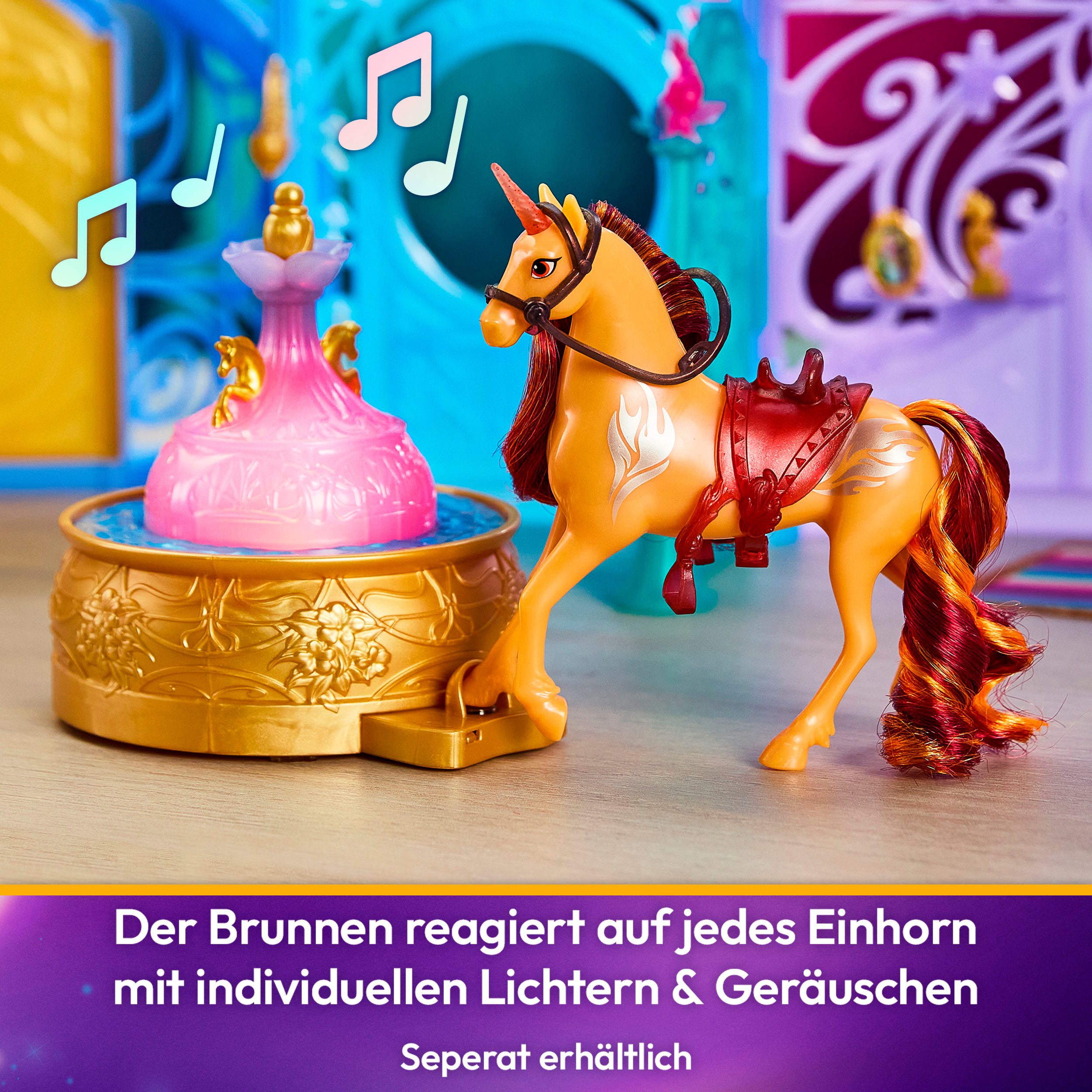 Spin Master Anziehpuppe Unicorn Academy - Stall Starglow Fountain & Stable, mit Licht und Sound