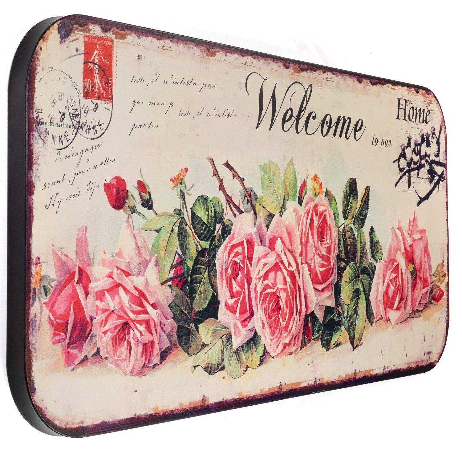 Moritz Metallschild Blechschild XXL Welcome Blumen, Vintage Retro Nostalgie Metall Wandbild Dekoration bedruckt Geschenk