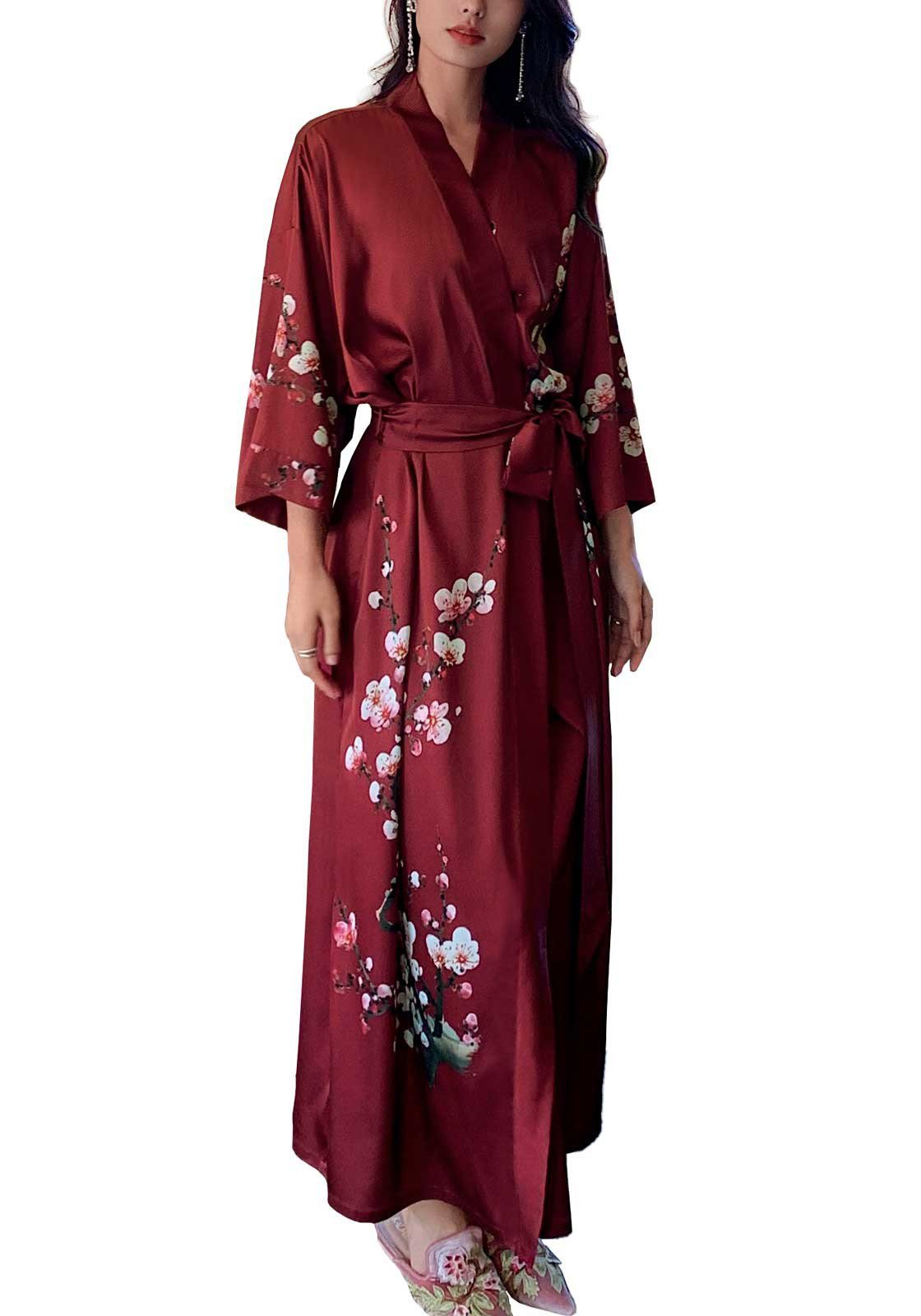 Vivi Idee Morgenmantel Schlafmantel Bademantel kimono lang leicht satin Einheitsgröße, Prunus mume