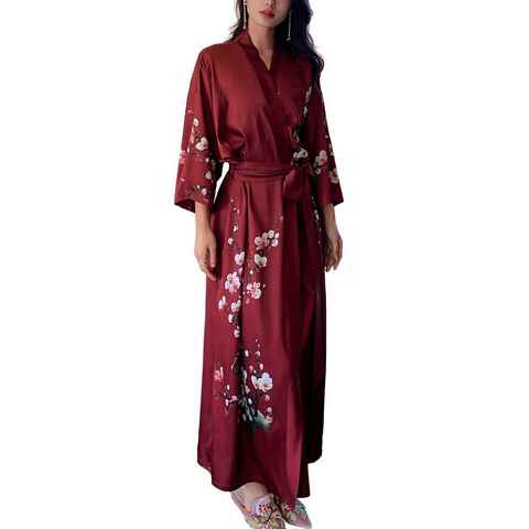 Vivi Idee Morgenmantel Schlafmantel Bademantel kimono lang leicht satin Einheitsgröße, Prunus mume