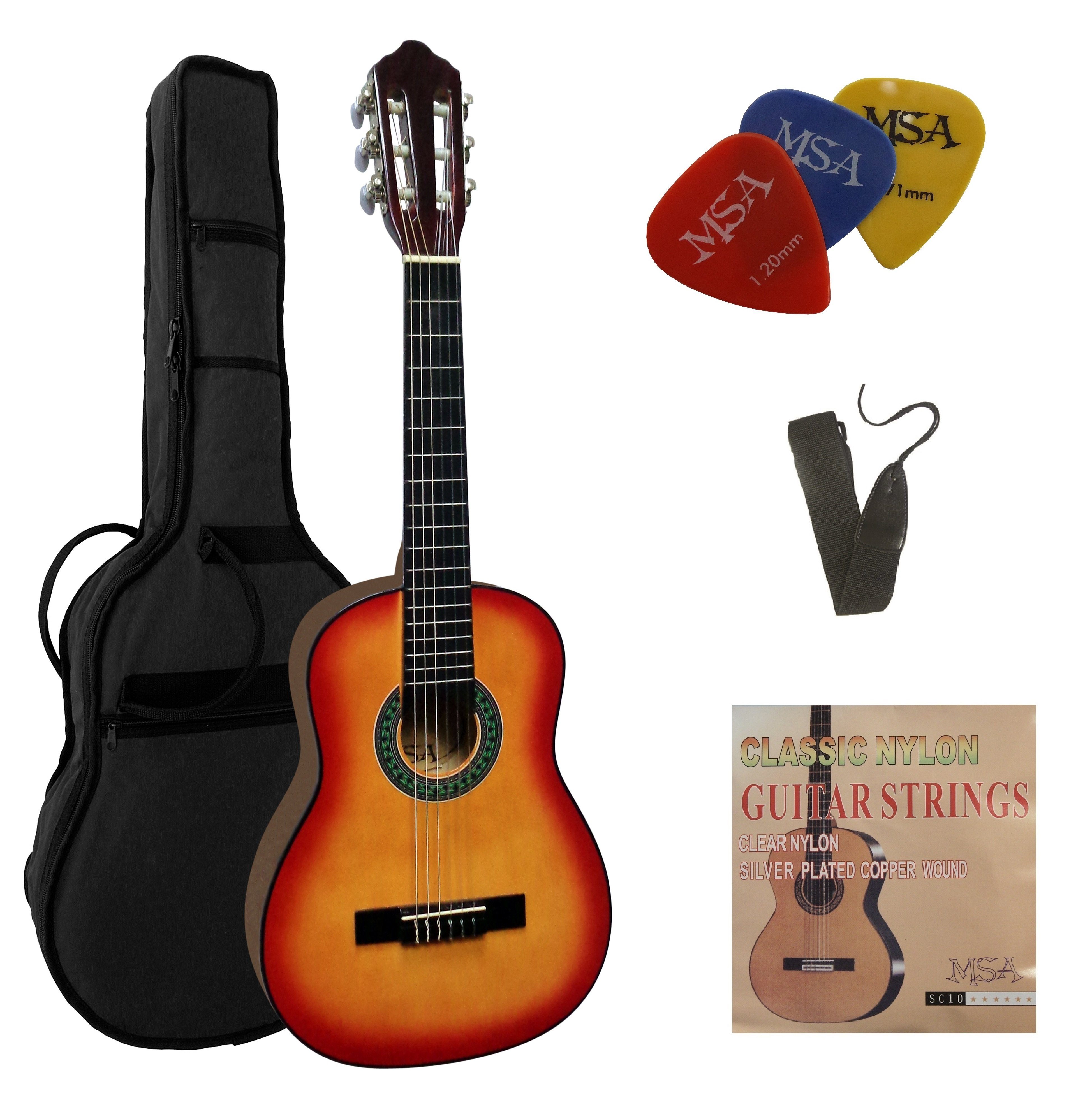 MSA Konzertgitarre 1/4 Kindergitarre Set Tasche Band Saiten 3xPlektron, Gitarre aus Lindenholz Nylonsaiten