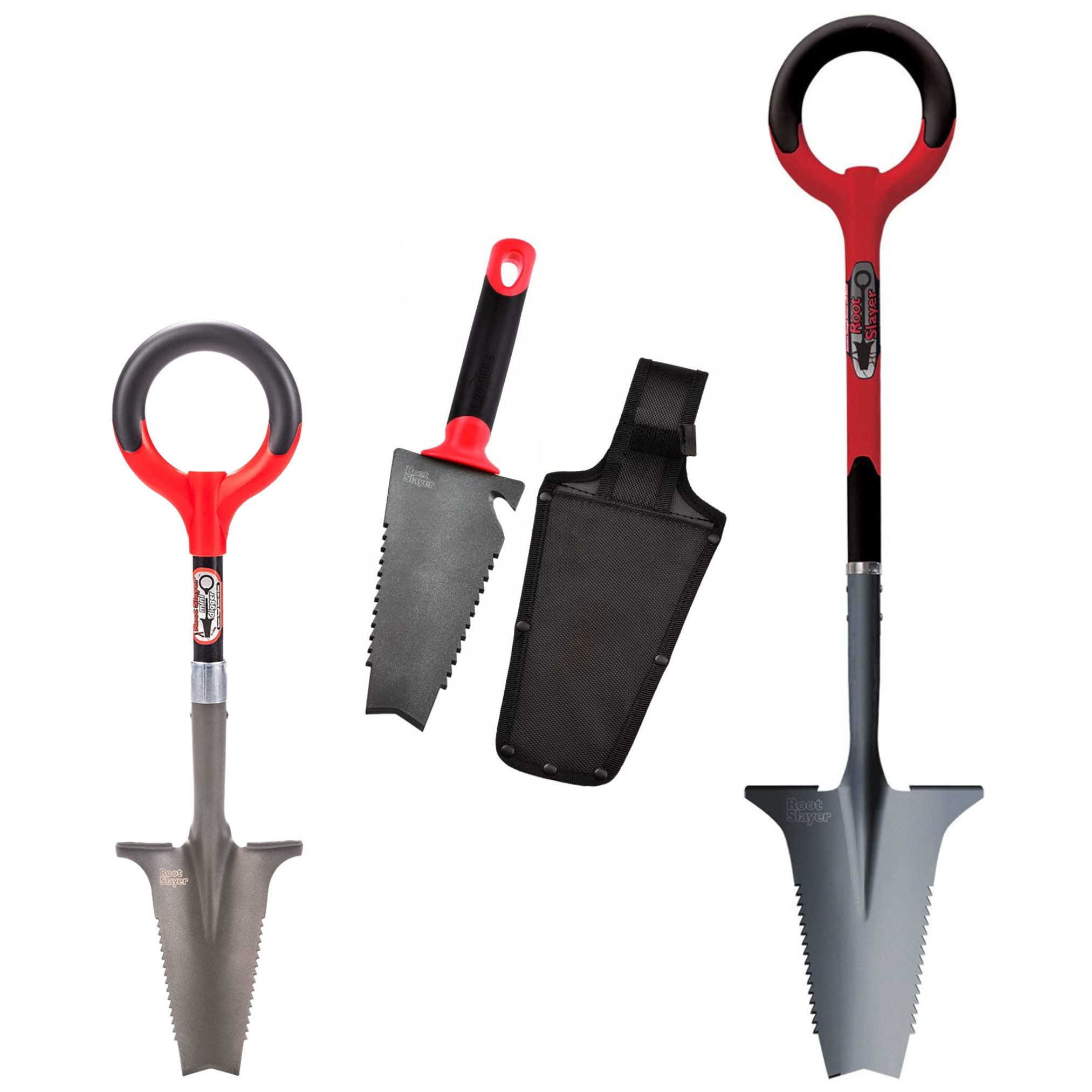 Root Slayer® Spaten Radius Wurzelspaten Mehrzweckschaufel, (Spar Set, 3-St., Wurzelspaten + Blumenkelle + Mini Wurzelspaten), Multifunktionsspaten, Klinge mit Zähnen zum Schneiden der Wurzeln