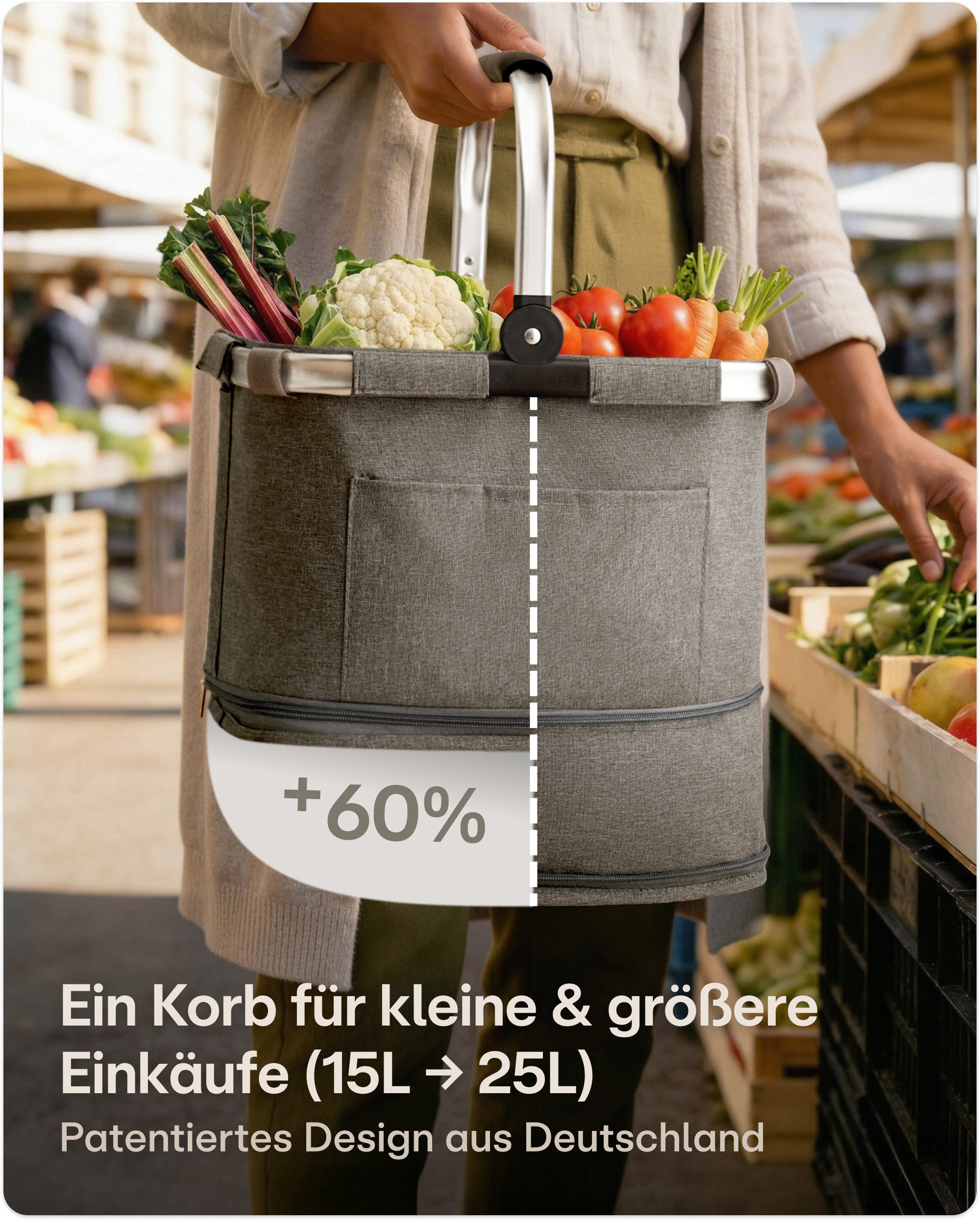 Praknu Einkaufskorb Einkaufskorb Faltbar – 2 in 1 Erweiterbar, Waschbarer Bezug, Tragekorb, 25 l, Stabil mit Alurahmen & Verstärktem Boden – Extra Fächer innen & außen