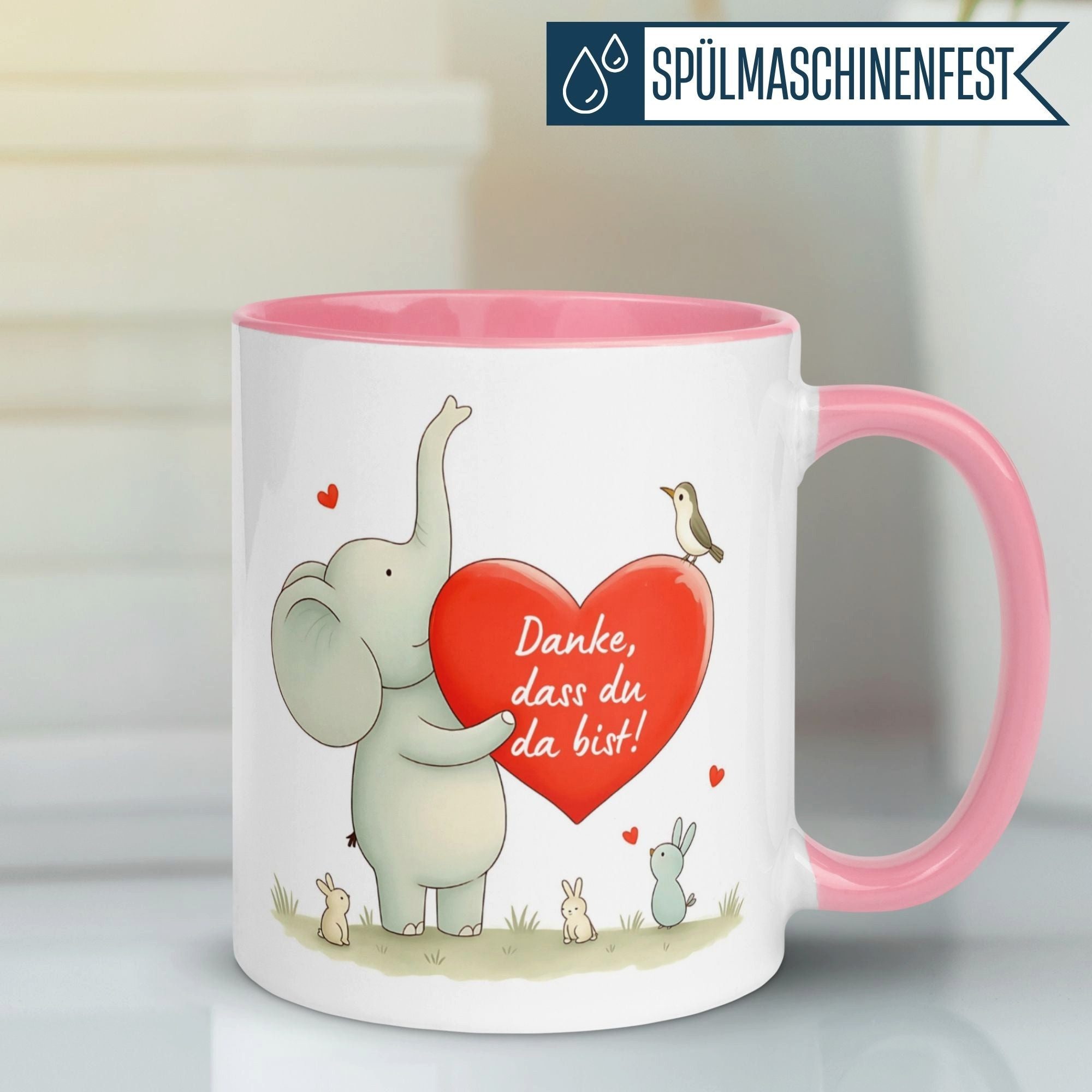 Momentals Tasse Danke – „Elefanten - Schön dass du da bist“ – Dankeschön Geschenke, Gratis Versand · Links-&Rechtshänder · Spülmaschinenfest
