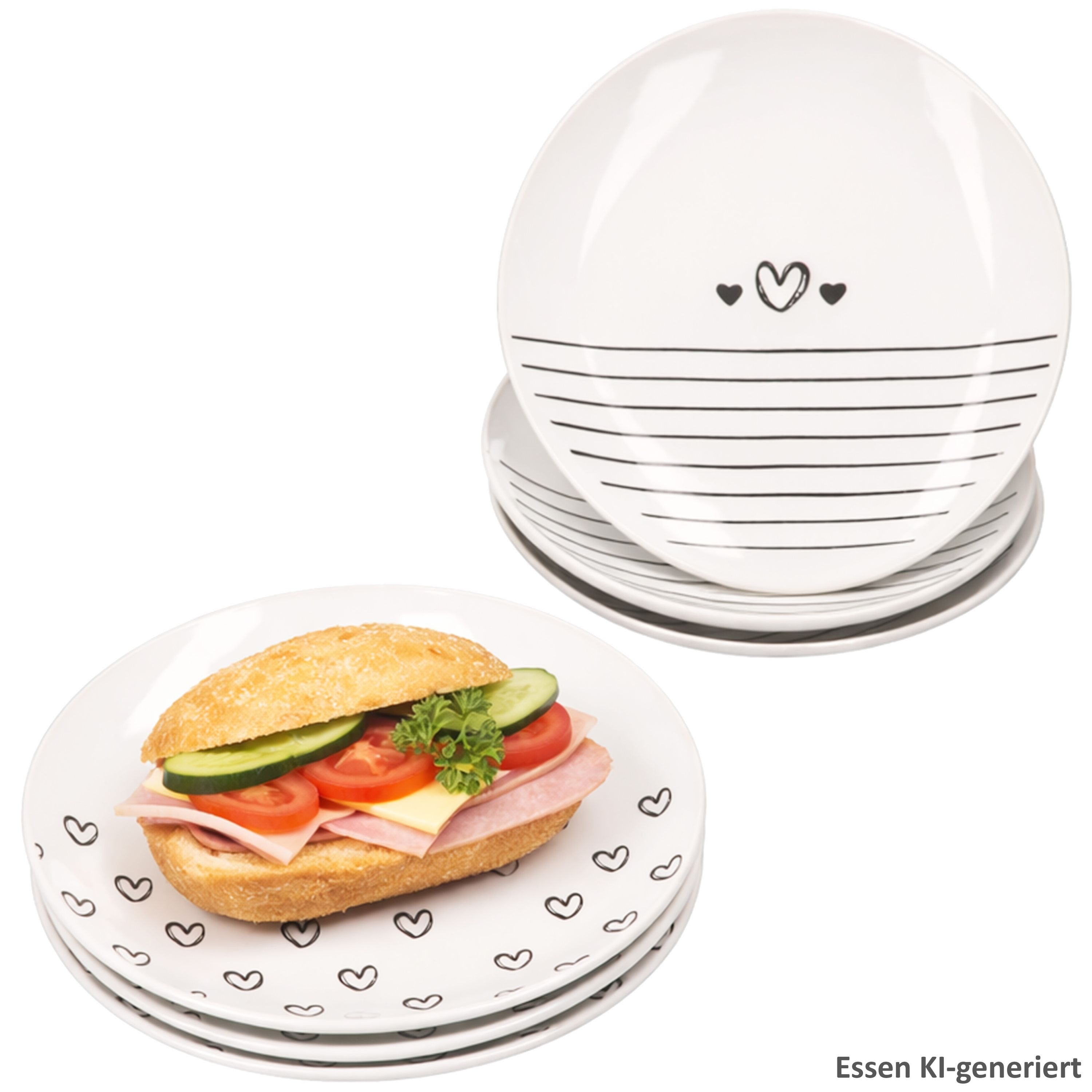 MamboCat Frühstücksteller MamboCat 6er Set Cupid Kuchenteller Ø18,5cm Herz Streifen schwarz-weiß