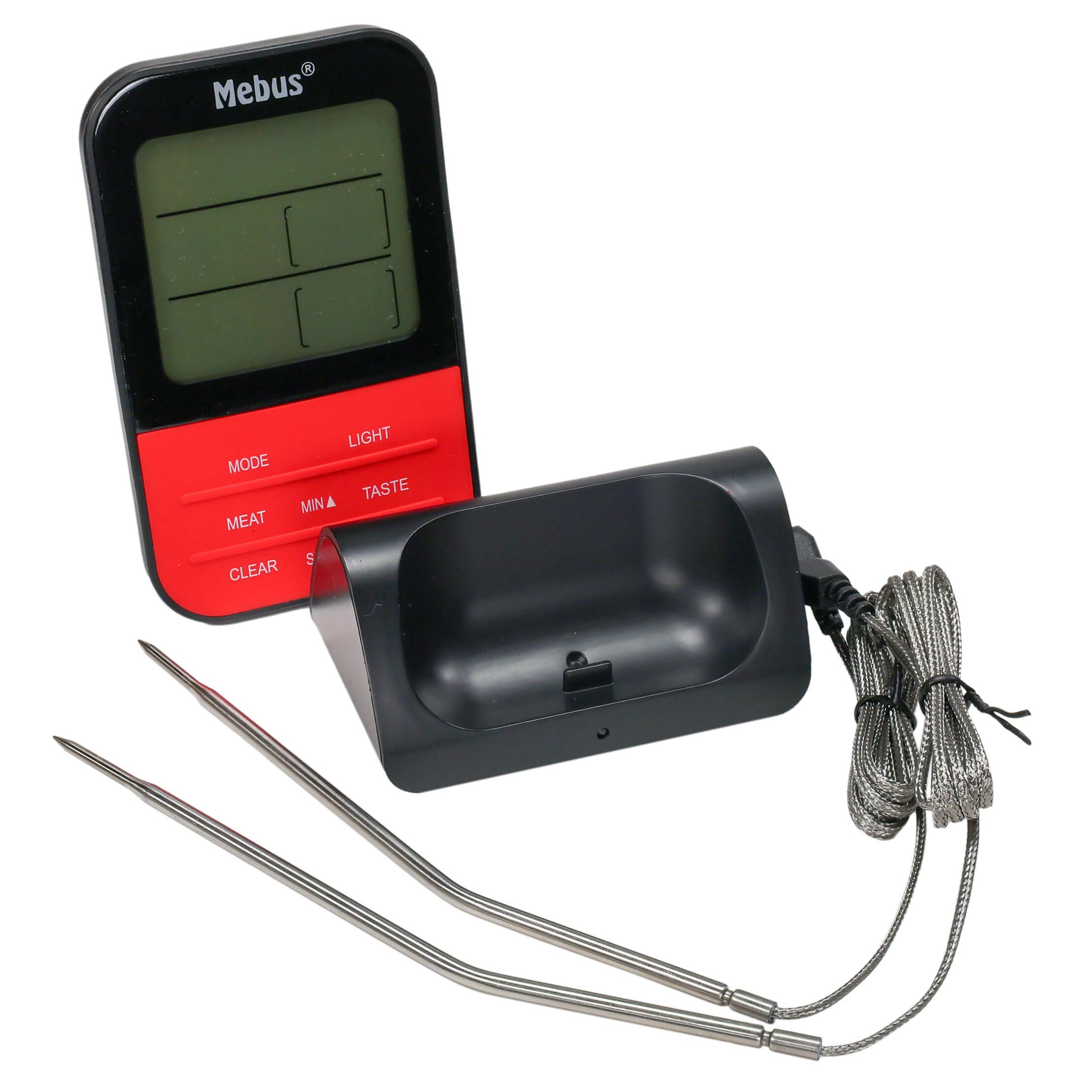 Mebus Grillthermometer Mebus Funk Grillthermometer digital für Fleisch Grill Braten, 2 Edelstahl Sonden, mit Sendestation. Funk-Übertragung