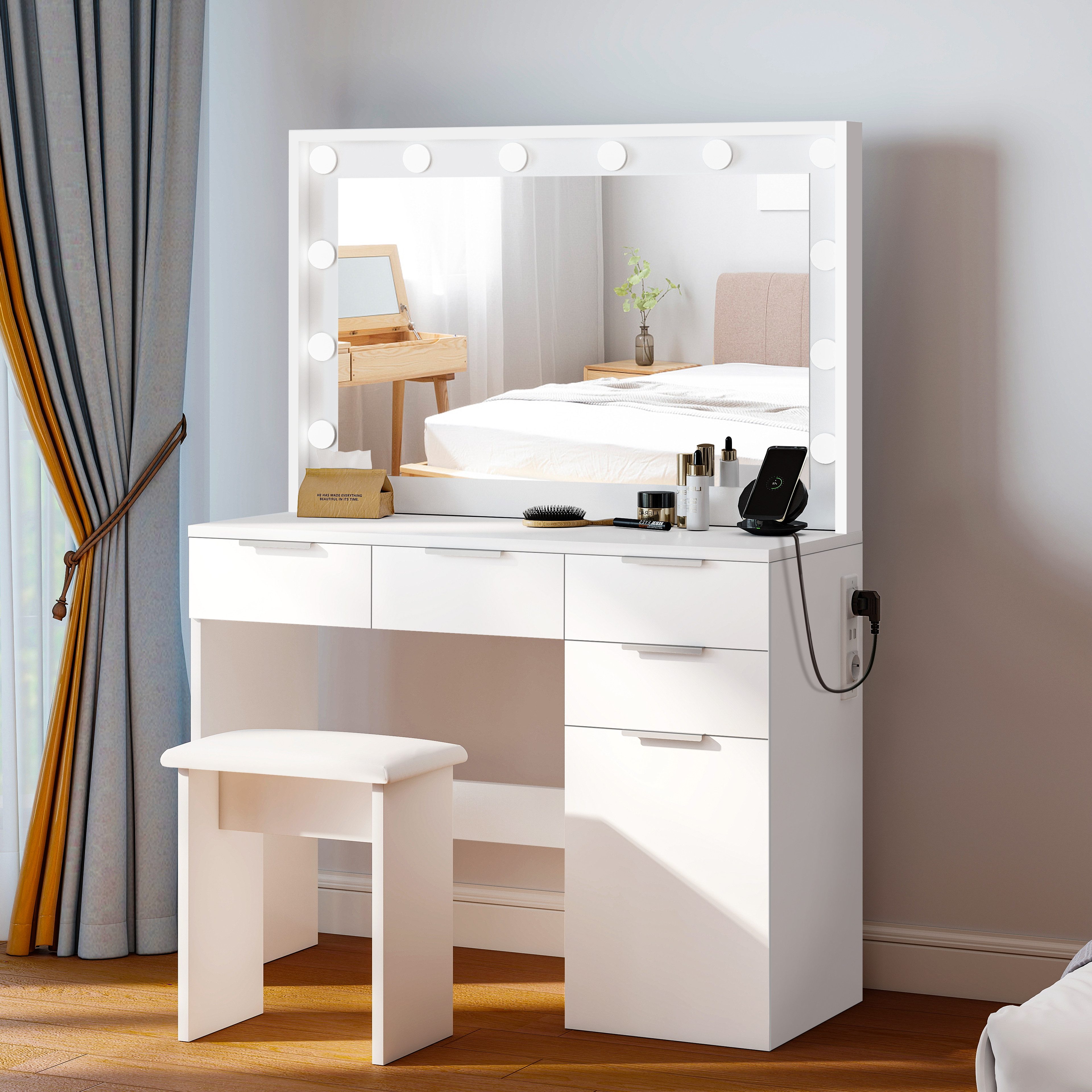 oyajia Schminktisch Kosmetiktisch mit Spiegel und Hocker, Kosmetikspiegel und 5 Schubladen (Make-up Tisch mit 5 Schubladen und 3 offene Ablagen, mit USB-Anschluss), Frisierkommode mit LED Beleuchtung,Schlafzimmermöbel Vanity Set