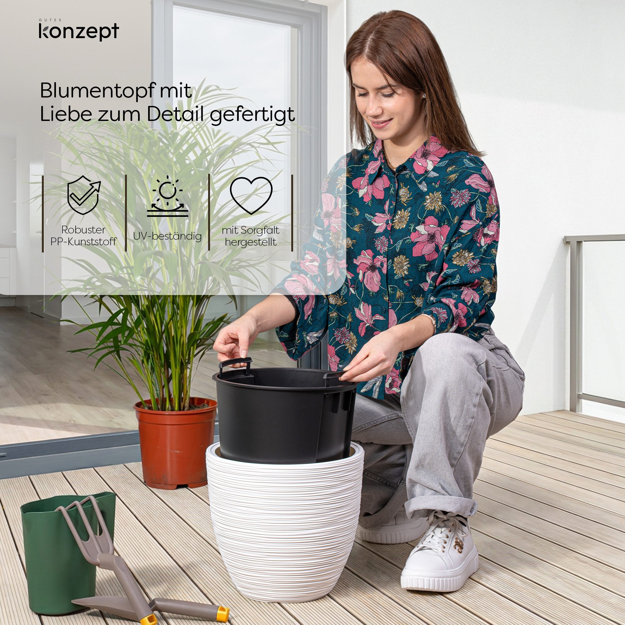 KONZEPT Blumentopf Ø 30 cm aus Kunststoff mit Einsatz, Meißelstruktur, Meißelstruktur/Rippenstruktur, Ovale Form