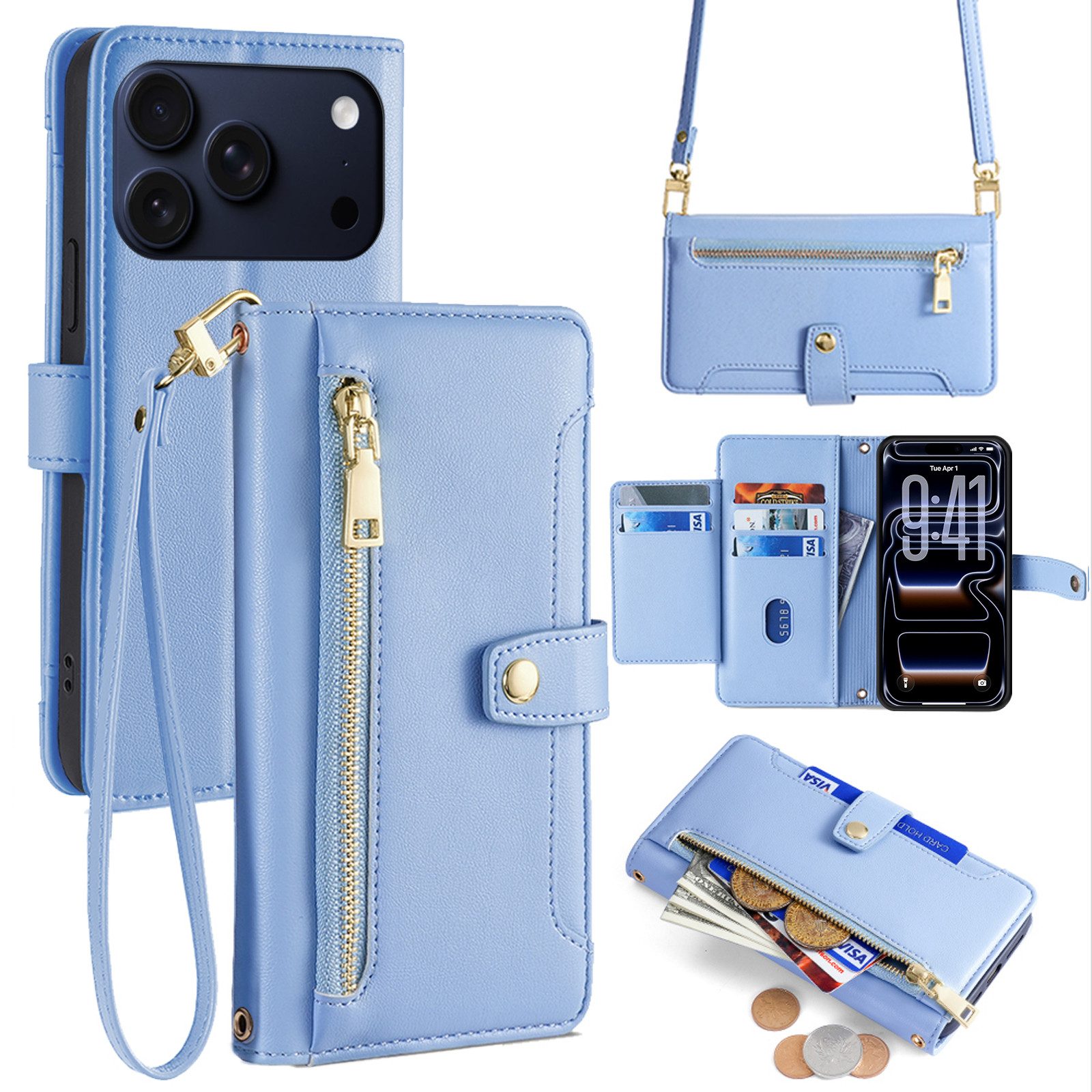 betterfon Handykette mit Portemonnaie für iPhone -Handyhülle Kartenfächern, TPU-Silikon (Hülle) & geflochtenes PPM mit Metallenden (Schnur)