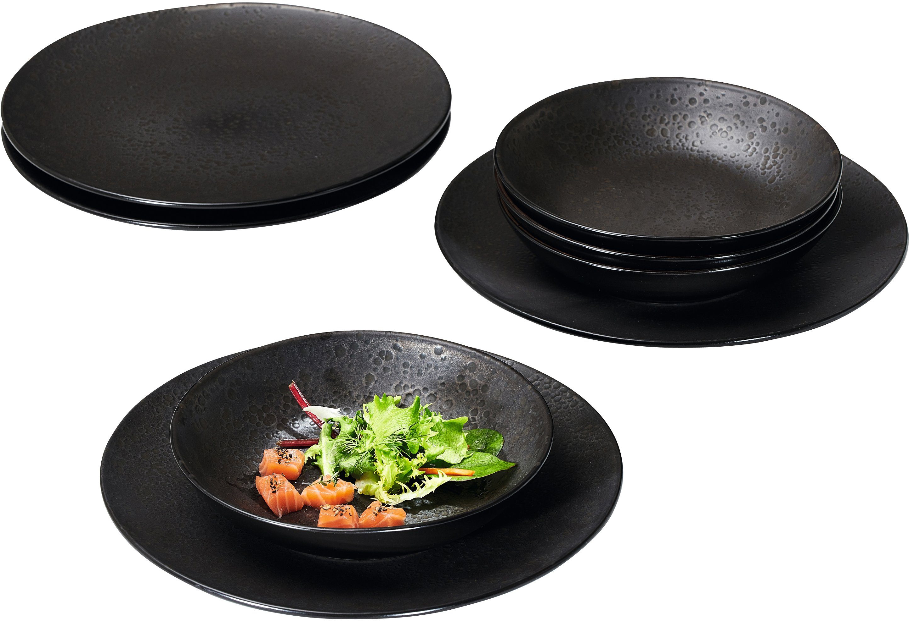 Ritzenhoff & Breker Tafelservice Teller Set, Geschirr-Set Kitwe (8-tlg), 4 Personen, Steinzeug, seidenmatter Schwarzton mit Kupferstich, 8 Teile, für 4 Personen