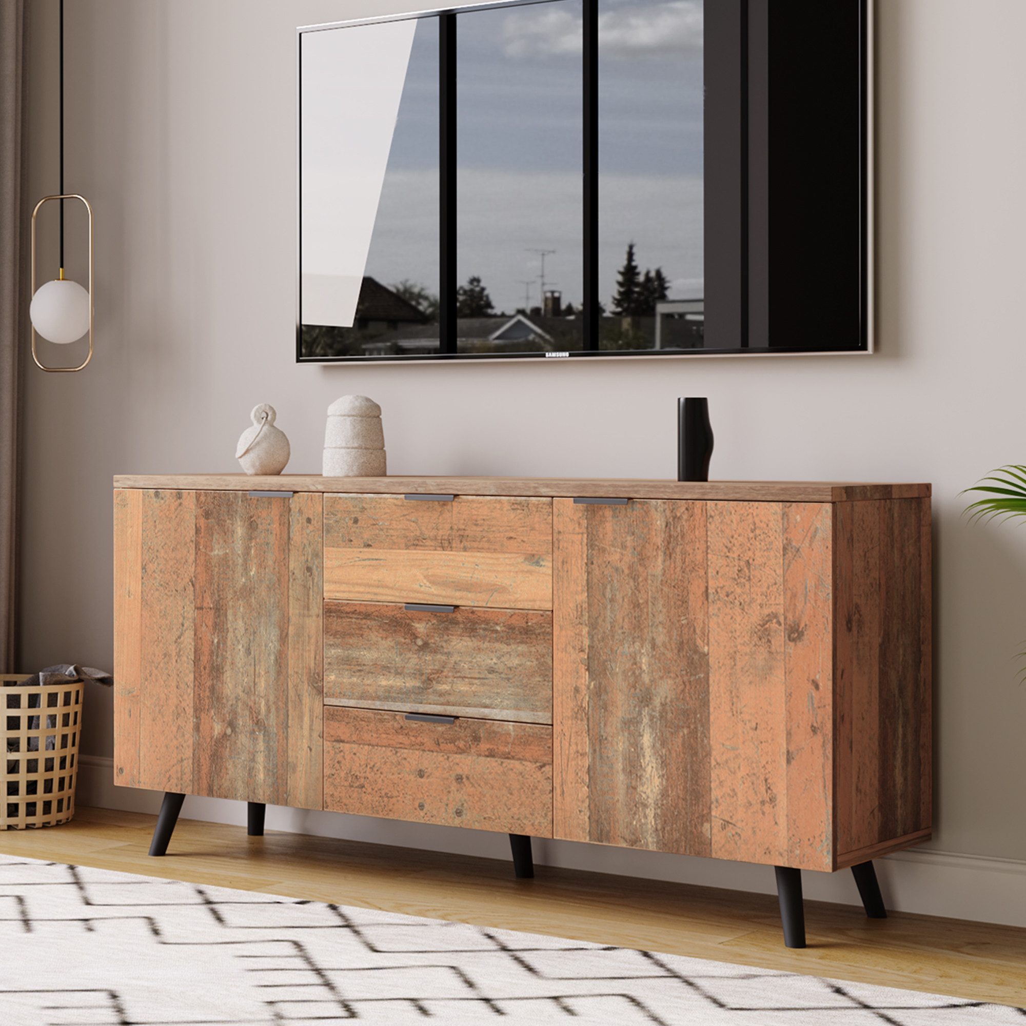 Fanttik Sideboard TV-Schrank mit verstellbaren Regalen, Aufbewahrungsschrank 140cm, vertikaler Schrank, drei Schubladen, Kommode für Wohnzimmer, Esszimmer