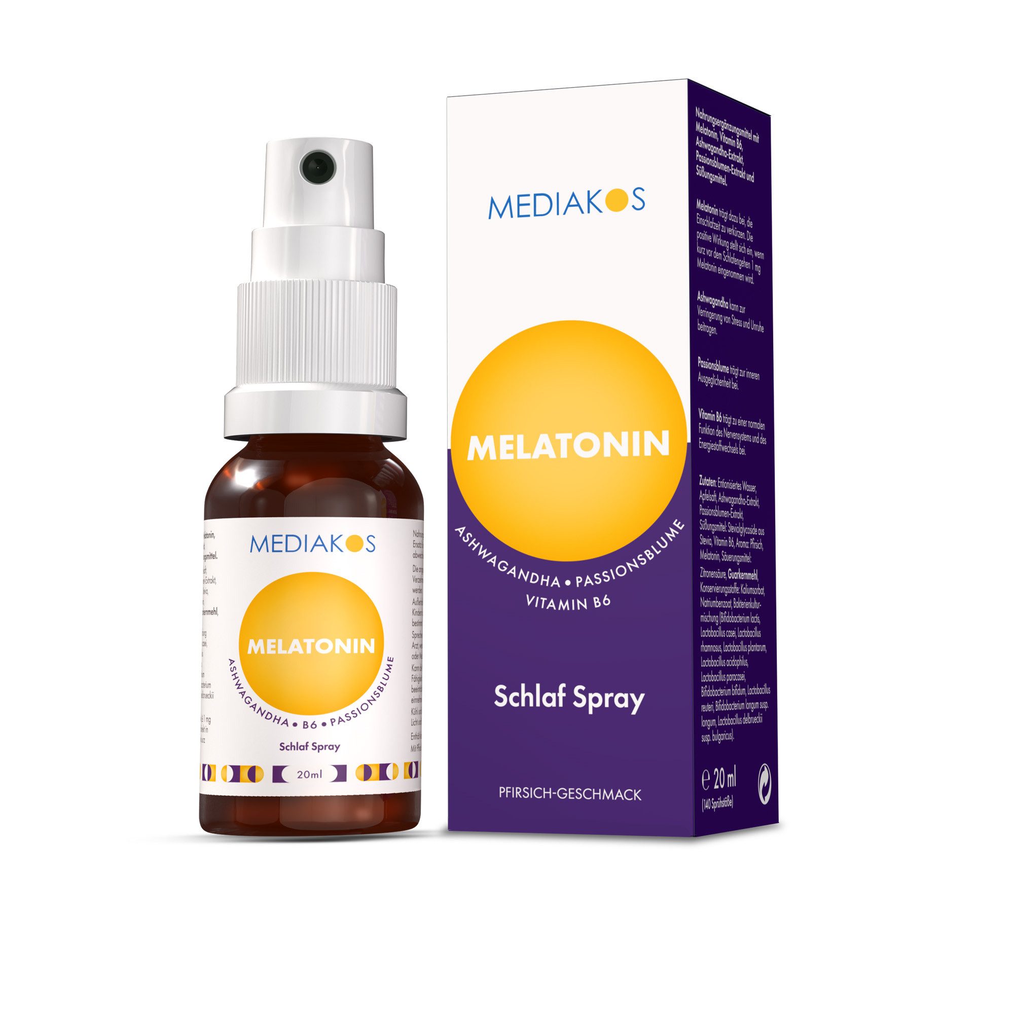 Mediakos Mediakos Melatonin Ashwagandha Schlaf Spray, mit Vitamin B6 und Passionsblume – schneller einschlafen, besser durchschlafen – Vegan à 20 ml