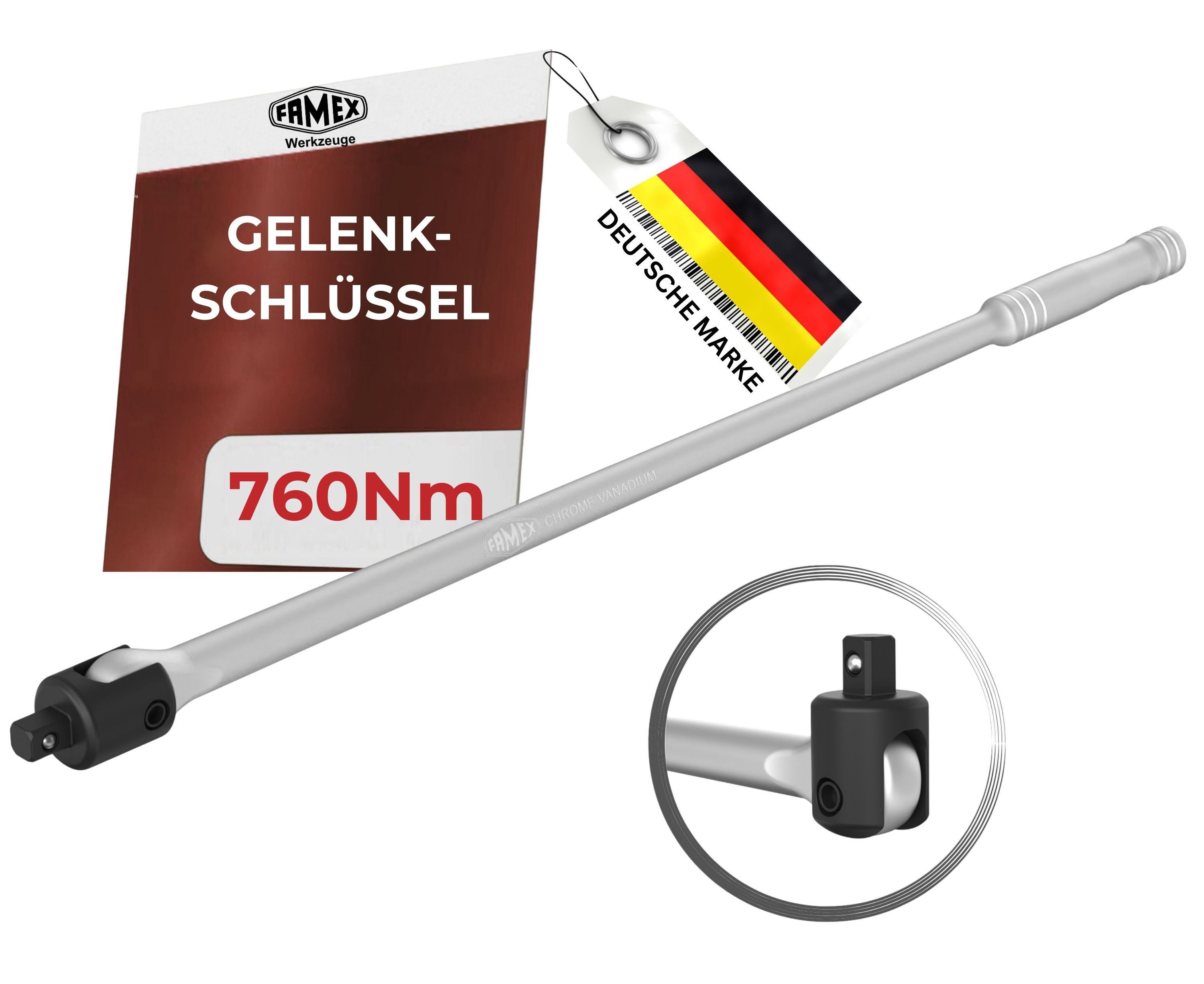FAMEX Drehmomentschlüssel 10672 Spezial Gelenk-Drehgriff extra lang - 60cm, bis ca. 760 Nm