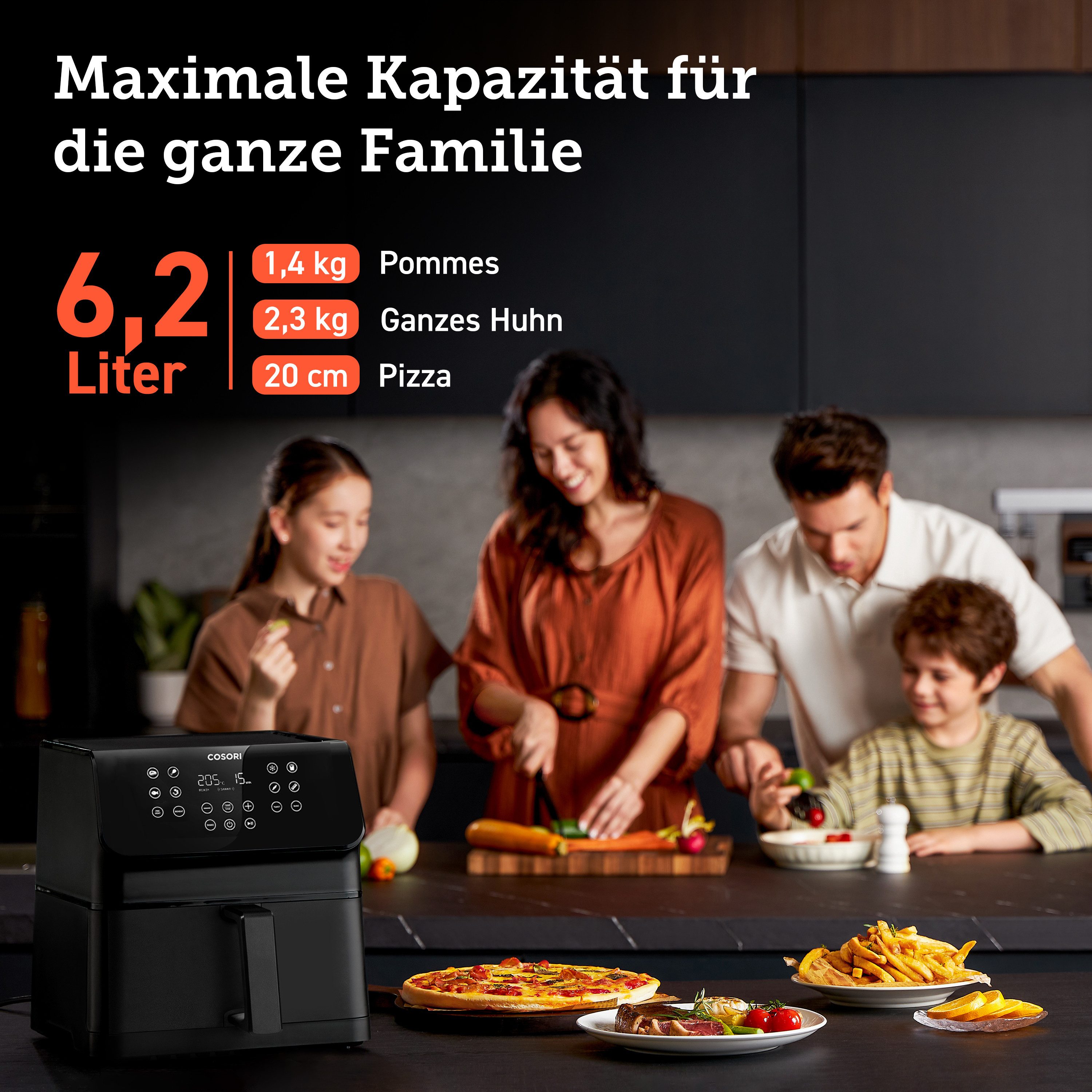 Cosori Heißluftfritteuse Premium II Chef Edition, 6.2 Liter, Airfryer, 50 Papiereinleger inkl., 1700,00 W, 360° Luftzirkulation, 12-in-1-Kochfunktionen, spülmaschinengeeignet