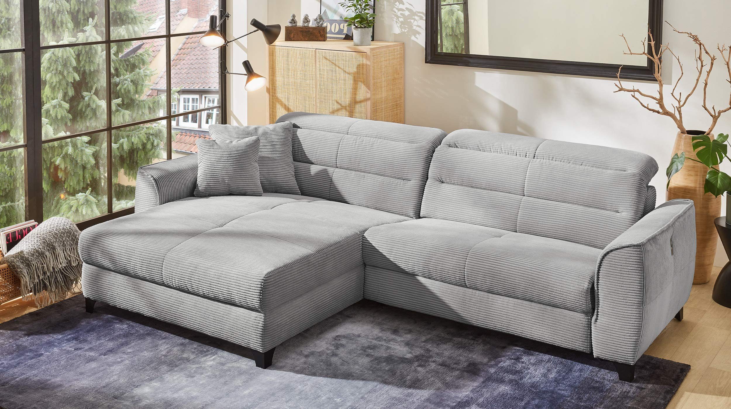 grau Relaxfunktion, in Cordbezug USB-Anschluss Massivart® DOUBLE-ONE Kopfteilverstellung, cm, Cordsofa, 289 mit / Ecksofa