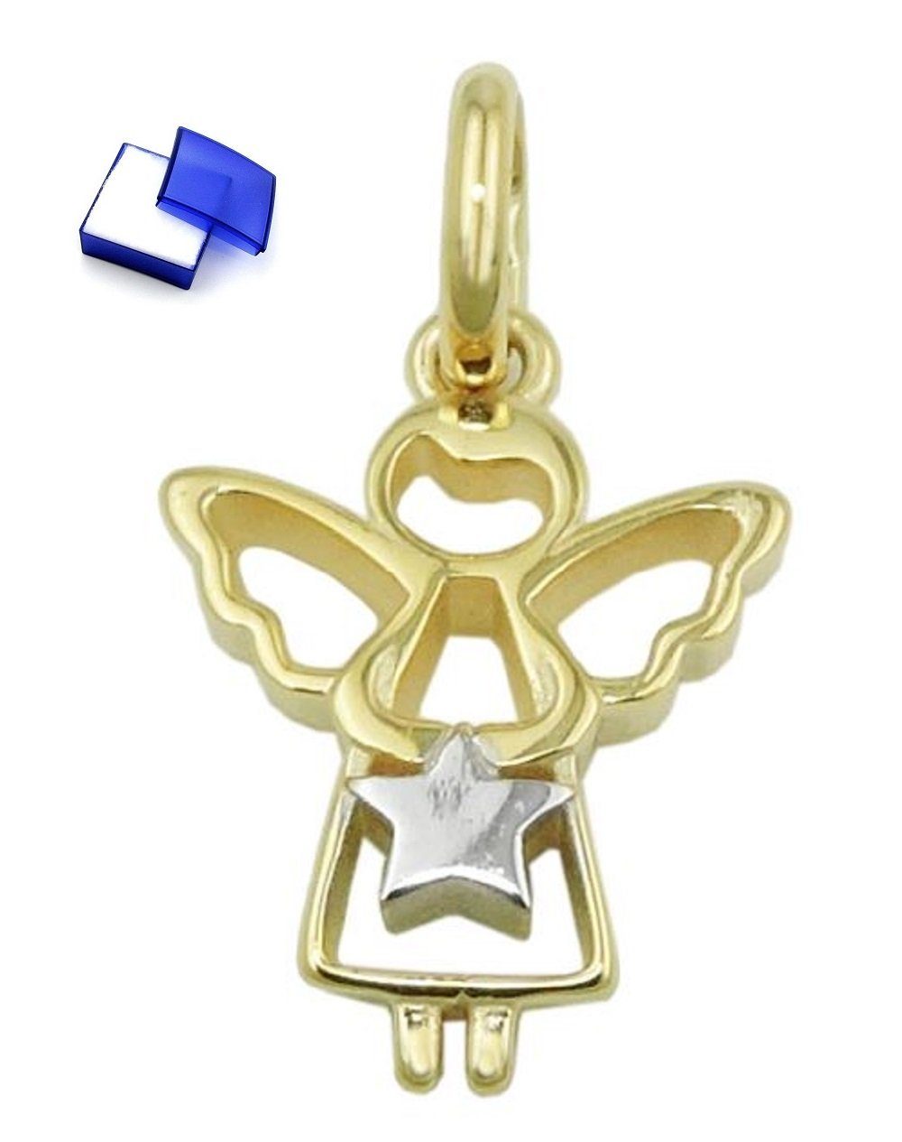 unbespielt Kettenanhänger Anhänger Engel mit Stern bicolor glänzend 9 Karat Gold 12 x 10 mm, Goldschmuck für Damen und Herren