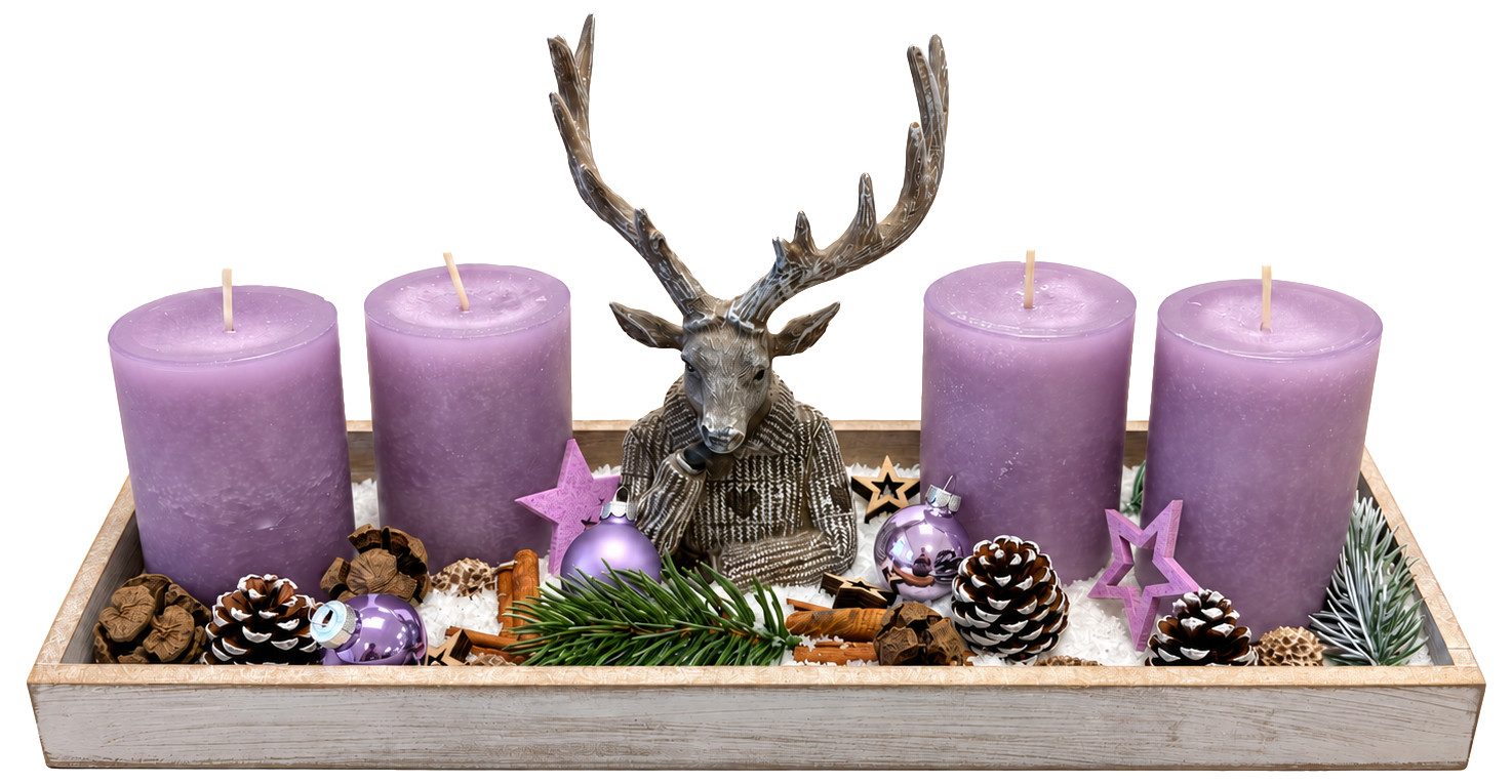 ZauberDeko Adventskerze Adventskranz Adventsgesteck SET 4 Adventskerzen Flieder Lila Hirsch