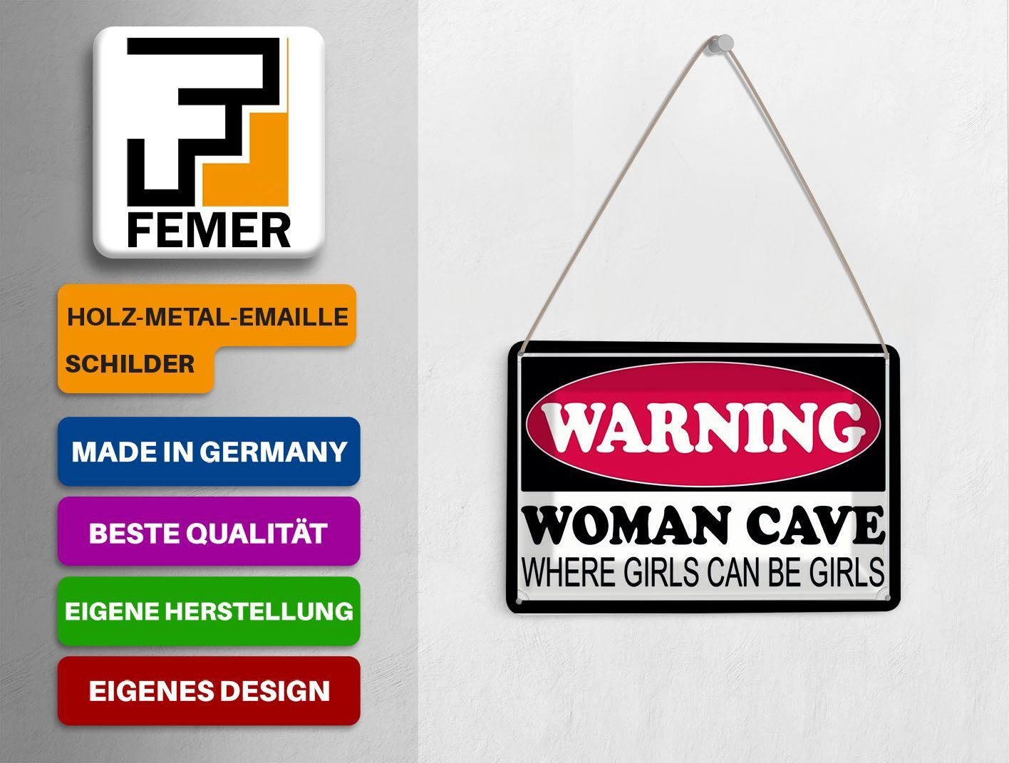 Femer GmbH Postkarte Blechpostkarte Hinweis 14x10 cm Warning Woman Cave where girls, unfrankiert