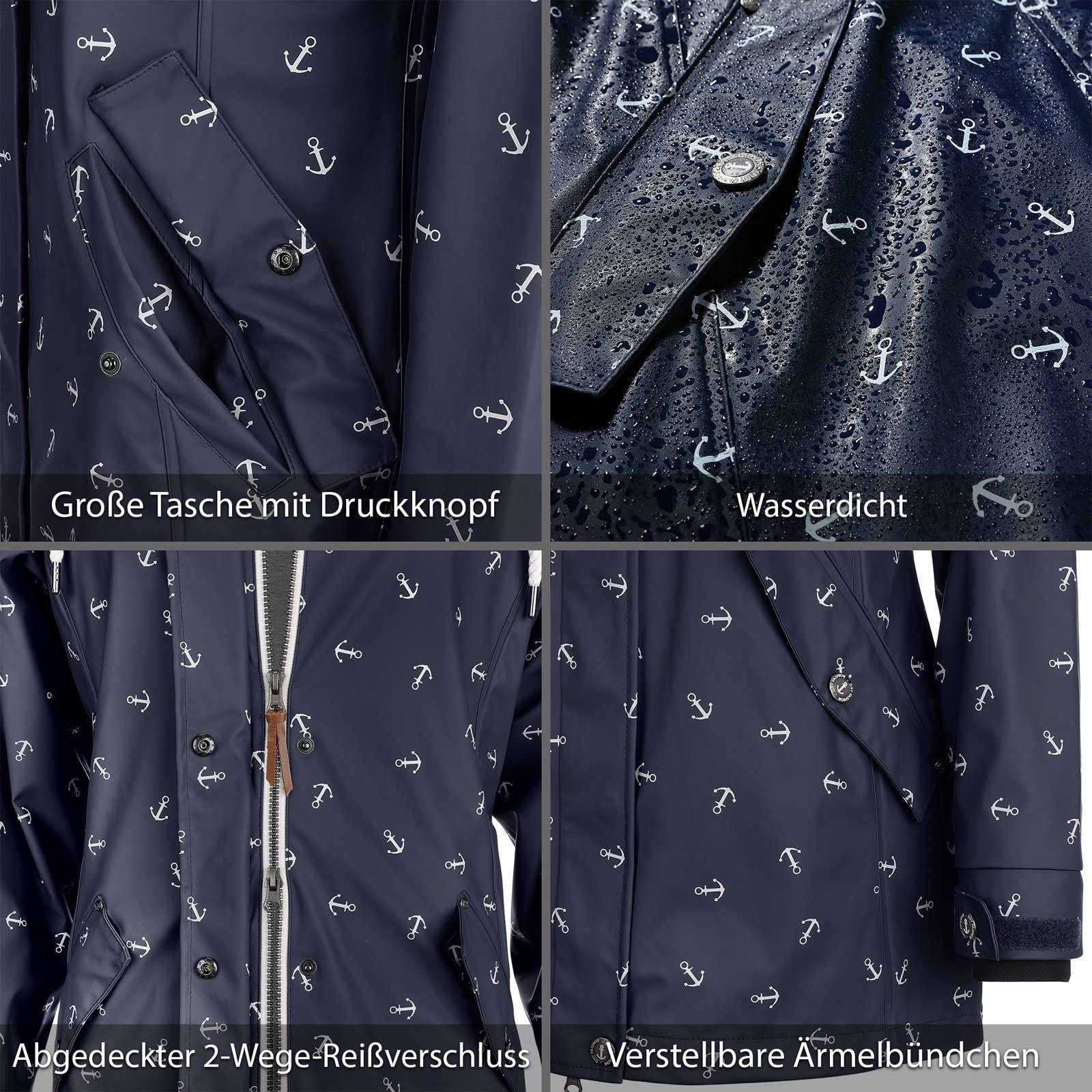 Dry Fashion Regenjacke Damen Kapuze wasserdicht Anker-Print Cuxhaven Regenmantel navy Jacke mit 