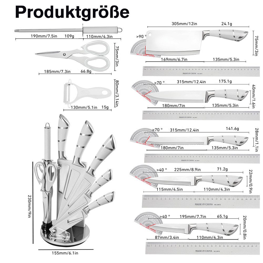 MDHAND Messer-Set 9-teiliges Küchenmesserset aus Edelstahl mit Antihaftklingen (9-tlg), Drehbarer Messerblock inkl. Schärfer, ergonomische Griffe